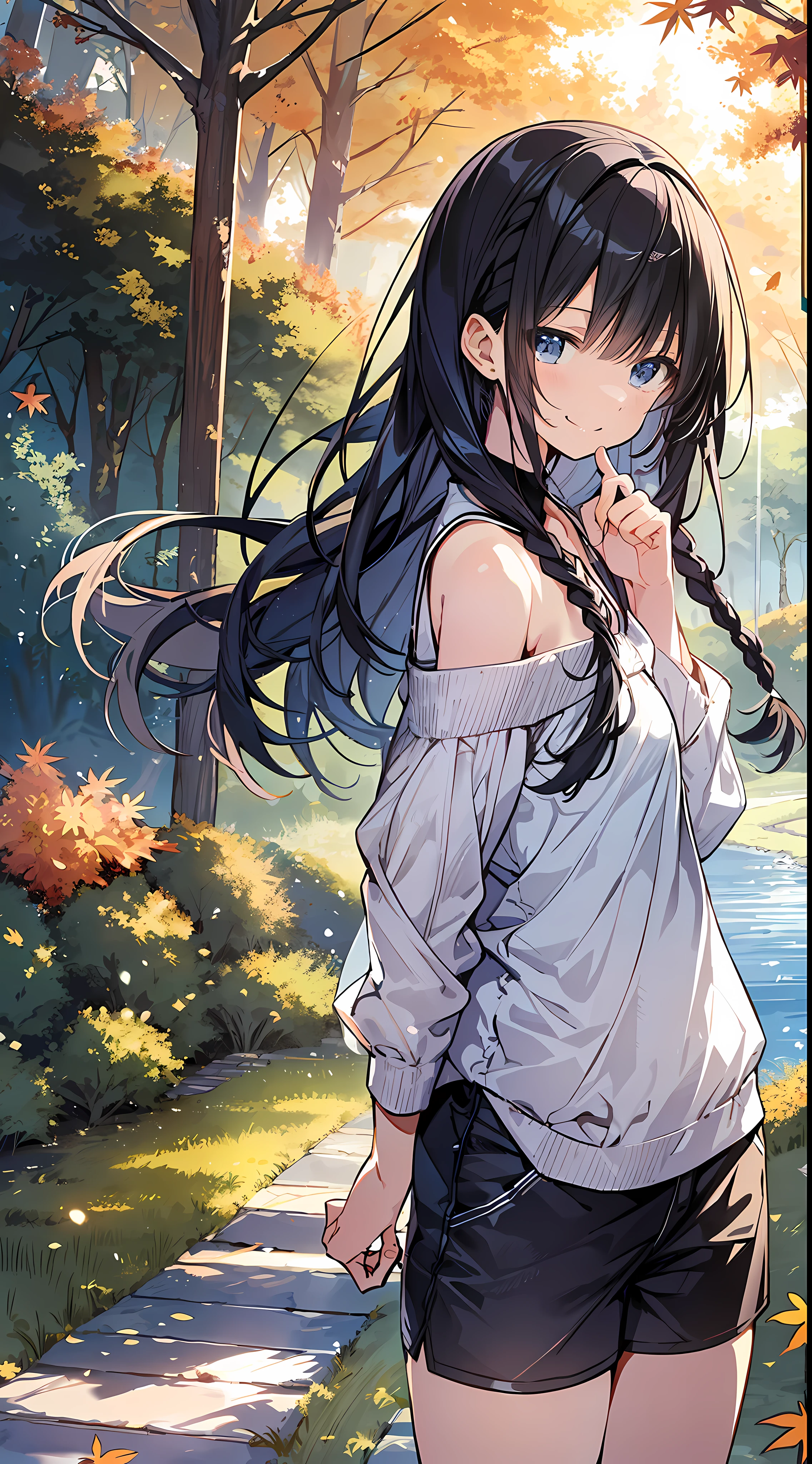 Top quality, masterpiece, ultra high resolution, 8k, (((autumn clothes, shirts, shorts)), shoujo manga style , one, soft line drawing, digital enhancement, shojo manga touch, shojo manga core, flowing fabric, close-up, (hair length to shoulders and short braids)), staring at us from the front, soft drawing, beautiful black hair, clear eyes, teasing smile, Ultra-detailed digital anime art, clear face depiction, ultra-detailed shoujo manga character art, ultra-detailed manga style, top quality colors, hand gestures, angle to see up to the feet, landscape with nature