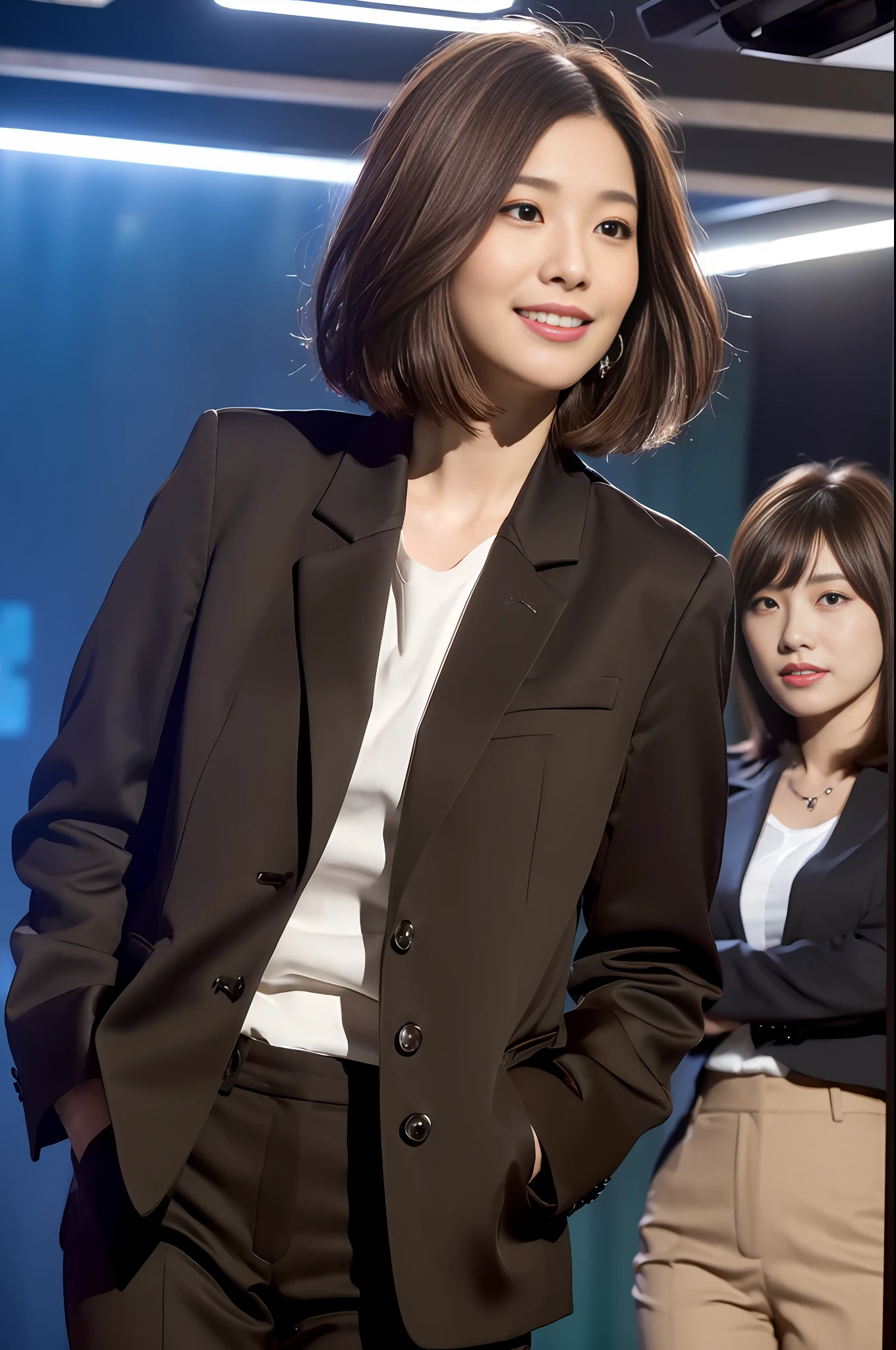((Realistic lighting, Best quality, 8K, Masterpiece: 1.3)), Clear focus: 1.2, 1girl, Front lens, Perfect figure beauty: 1.4, ((dark brown hair, short hair)), (Jacket with suit underneath shirt and trousers: 1.4), (In the live room: 1.8), Super fine face, fine eyes, smile