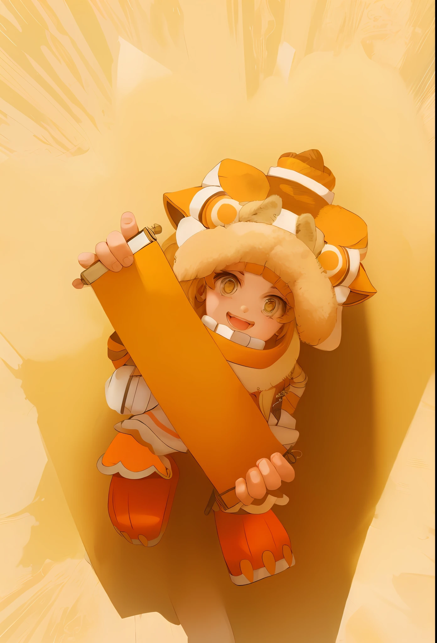 The best quality, a girl with a logo in her hand, a lion awakening, a fluffy lion awakening, a colorful one, an orange lion awakening, a cute face,