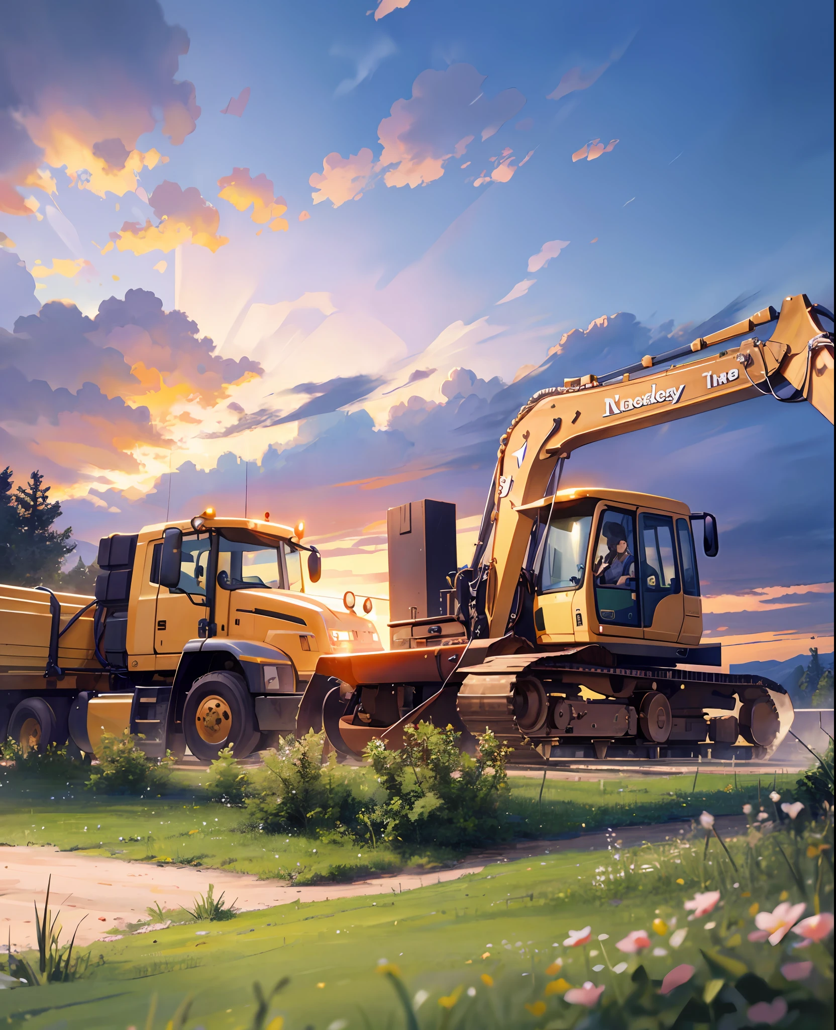 Masterpiece, top quality, highly detailed CG Unity 8k wallpaper, 2 girls, heavy equipment, construction, coalescing