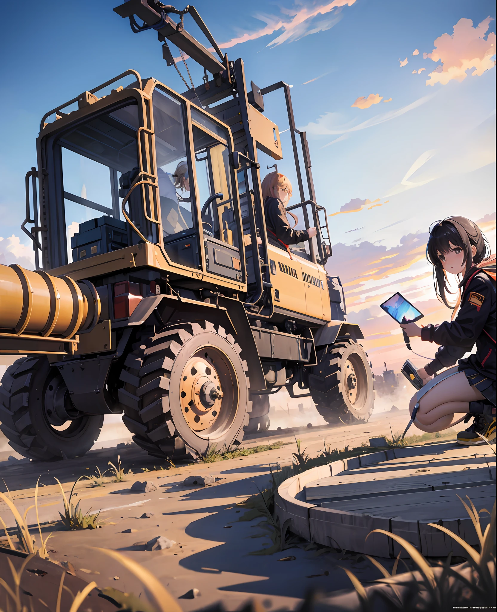 Masterpiece, top quality, highly detailed CG Unity 8k wallpaper, 2 girls, heavy equipment, construction, coalescing