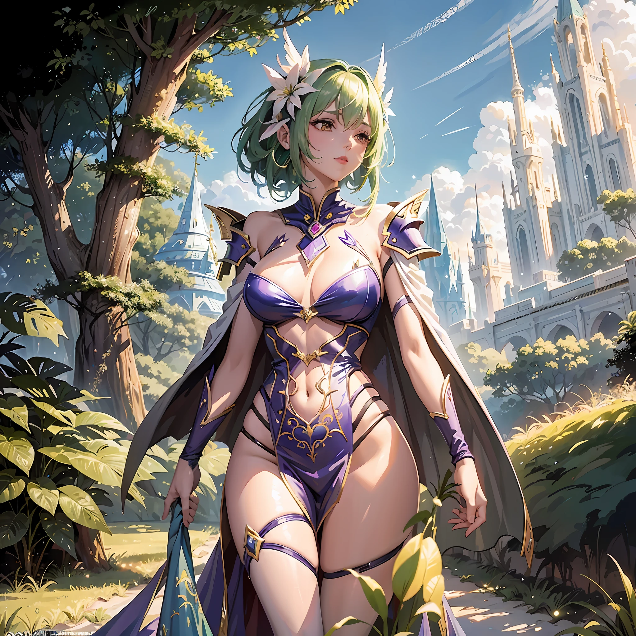 neotech woman wearing magic-fantasy-mech armor flowing cape, standing in a lush bio utopia,BiophyllTech,fcPortrait