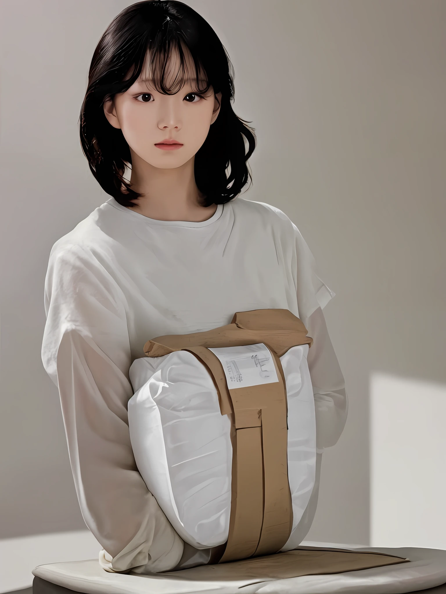 a close up of a woman with a short hair and a white shirt, a photorealistic painting by Xia Yong, tumblr, hyperrealism, korean symmetrical face, wan adorable korean face, beautiful delicate face, she has black hair with bangs, young adorable korean face, with round cheeks, young cute wan asian face, kwak ji young, very beautiful face
