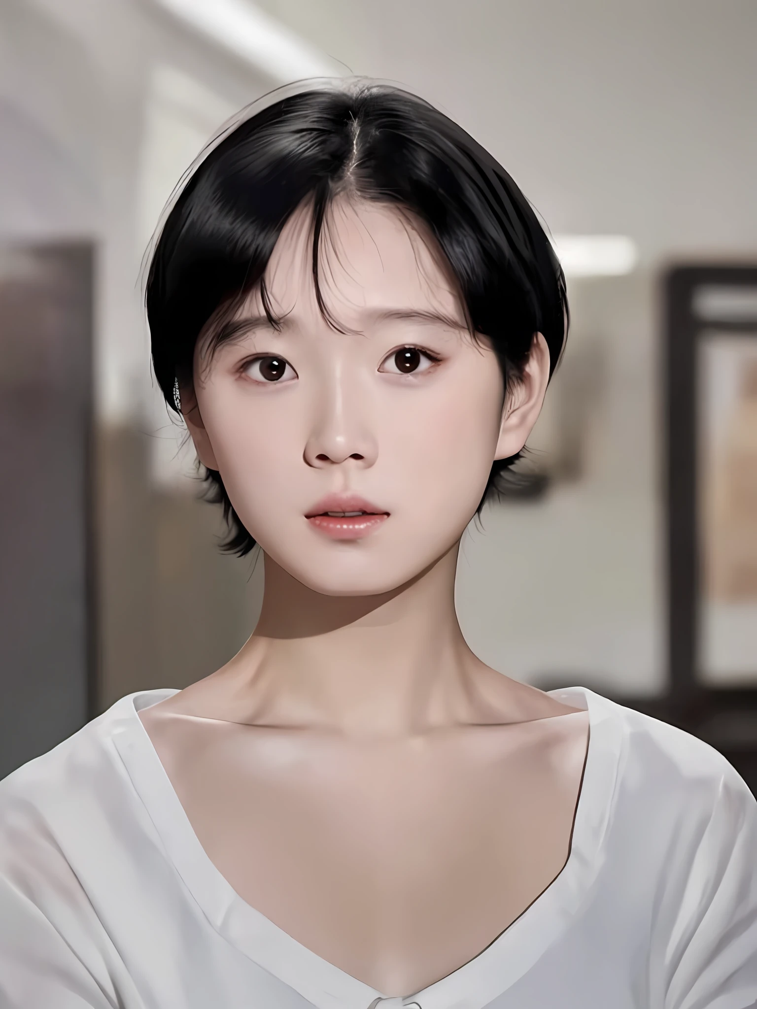 a close up of a woman with a short hair and a white shirt, a photorealistic painting by Xia Yong, tumblr, hyperrealism, korean symmetrical face, wan adorable korean face, beautiful delicate face, she has black hair with bangs, young adorable korean face, with round cheeks, young cute wan asian face, kwak ji young, very beautiful face