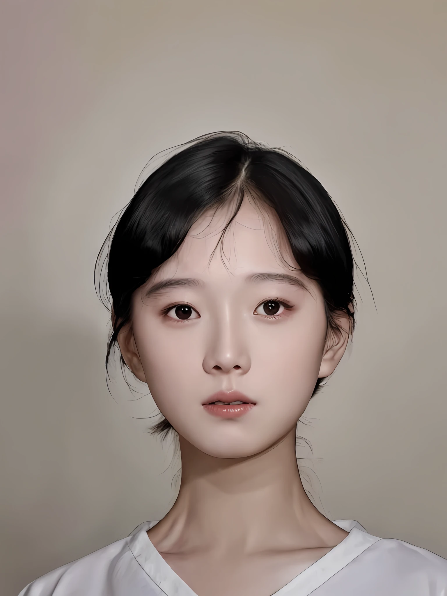 a close up of a woman with a short hair and a white shirt, a photorealistic painting by Xia Yong, tumblr, hyperrealism, korean symmetrical face, wan adorable korean face, beautiful delicate face, she has black hair with bangs, young adorable korean face, with round cheeks, young cute wan asian face, kwak ji young, very beautiful face