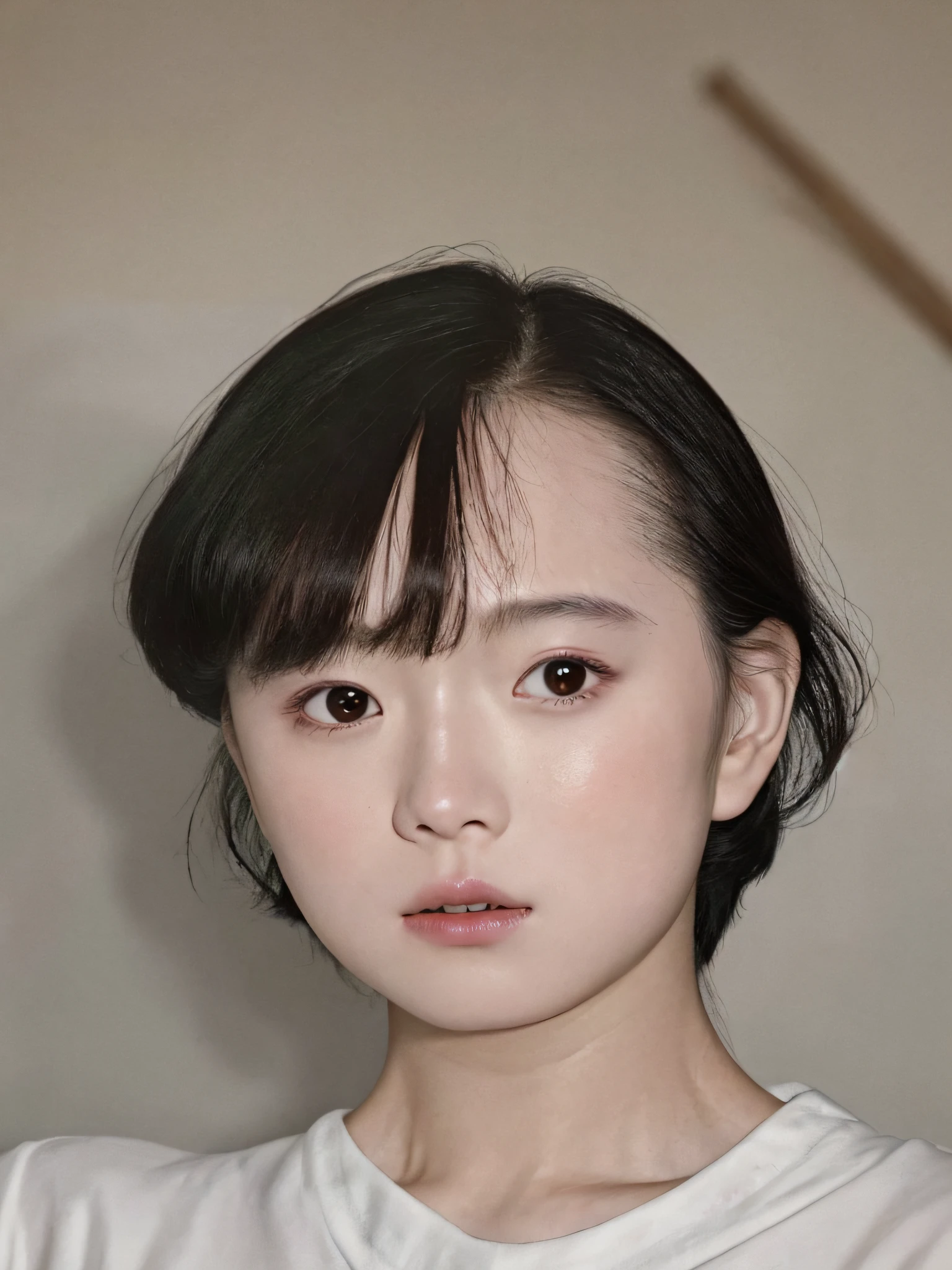 a close up of a woman with a short hair and a white shirt, a photorealistic painting by Xia Yong, tumblr, hyperrealism, korean symmetrical face, wan adorable korean face, beautiful delicate face, she has black hair with bangs, young adorable korean face, with round cheeks, young cute wan asian face, kwak ji young, very beautiful face