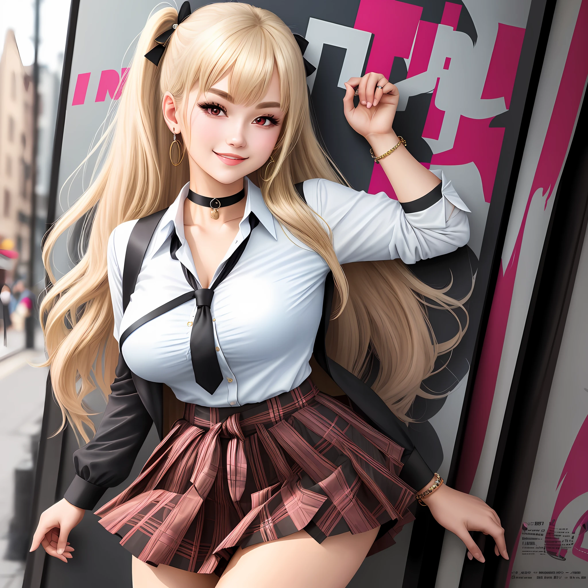 masterpiece, best quality, full body, 1girl, bangs, black choker, black necktie, blonde hair, blue skirt, blush, bracelet, breasts, choker, clothes around waist, collarbone, collared shirt, cowboy shot, dress shirt, ear piercing, eyebrows visible through hair, gradient hair, grin, gyaru, jewelry, kogal, long hair, looking at viewer, loose necktie, necktie, piercing, plaid, plaid skirt, pleated skirt, red eyes, ring, school uniform, shirt, skirt, smile, solo, white shirt, street, sky, cherry blossoms, petals,illustration, (magazine:1.3), (cover-style:1.3), fashionable, woman, vibrant, outfit, posing, front, colorful, dynamic, background, elements, confident, expression, holding, statement, accessory, majestic, coiled, around, touch, scene, text, cover, bold, attention-grabbing, title, stylish, font, catchy, headline, larger, striking, modern, trendy, focus, fashion,