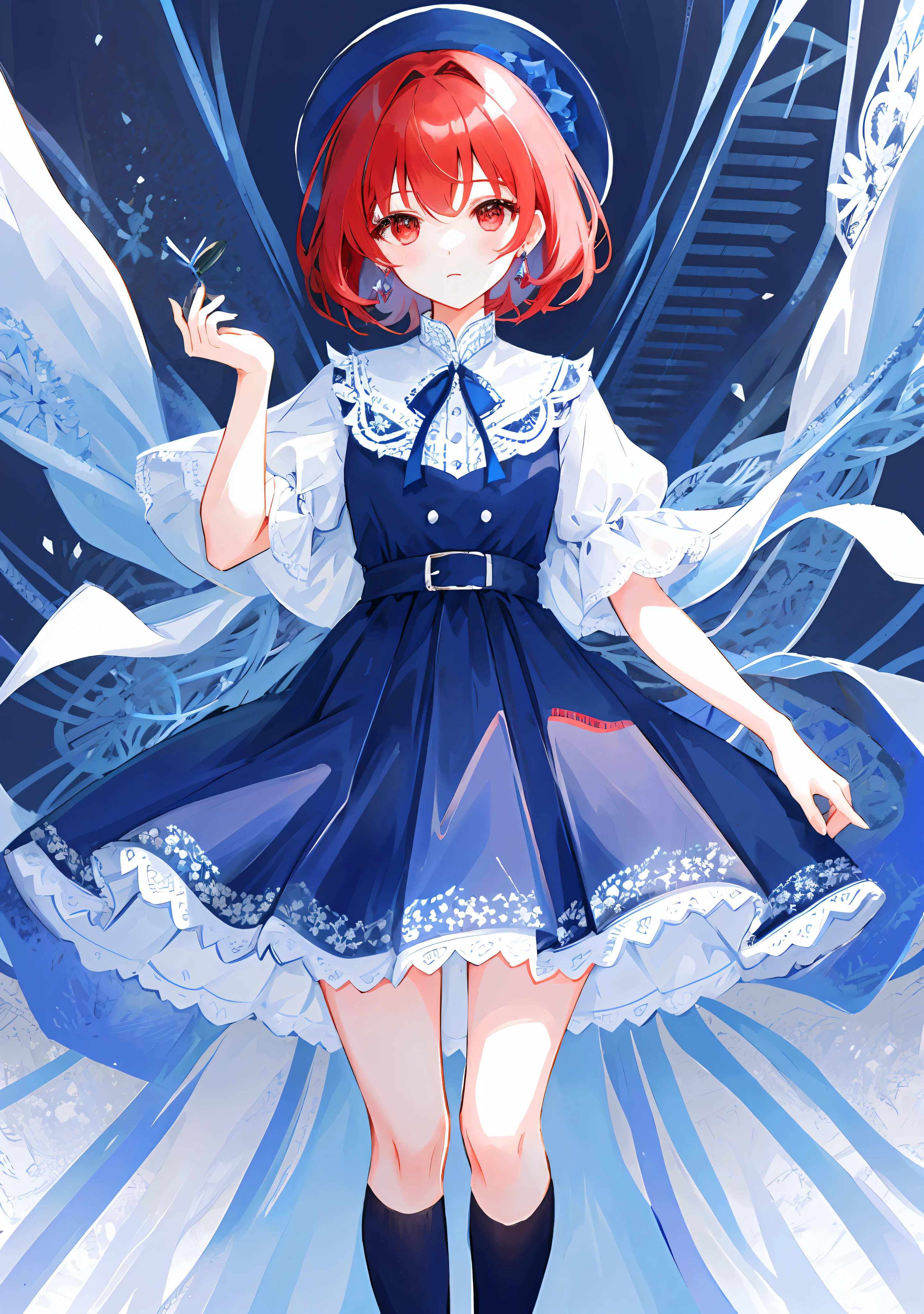 ((Masterpiece)), (Best Quality), (Simple Style), Blue and White Short Skirt, Pleated Lace, Edward Lace Dress, Red Hair, Red Eyes.
