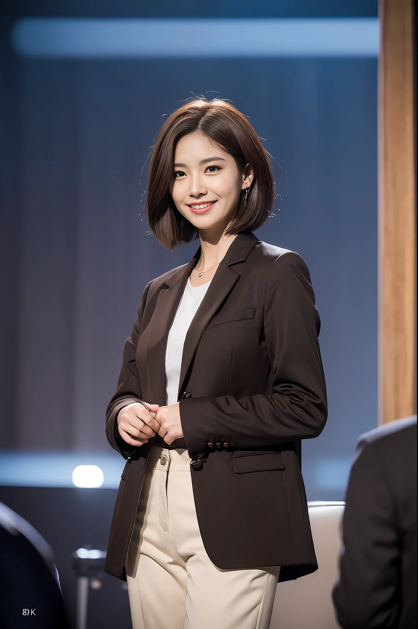((Realistic lighting, Best quality, 8K, Masterpiece: 1.3)), Clear focus: 1.2, 1girl, Front lens, Perfect figure beauty: 1.4, ((dark brown hair, short hair)), (Jacket with suit underneath shirt and trousers: 1.4), (In the live room: 1.8), Super fine face, fine eyes, smile