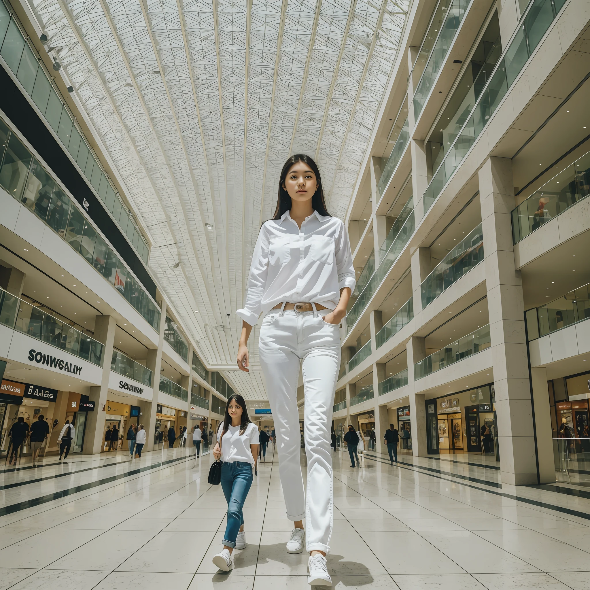 Sad theme , (best quality, masterpiece:1.2), 18yo beautiful girl walking in the shopping malls, white shirt and Jeans, , shoot the Sony a7,3.5 mm Lens, f 1.8 apature, lighting glow effect,no retouching,raw photo realistic, skin texture is very detail ,no makeup, background lighting is yellow, low angle photo, ultra wide shoot, full body shot, --auto --s2