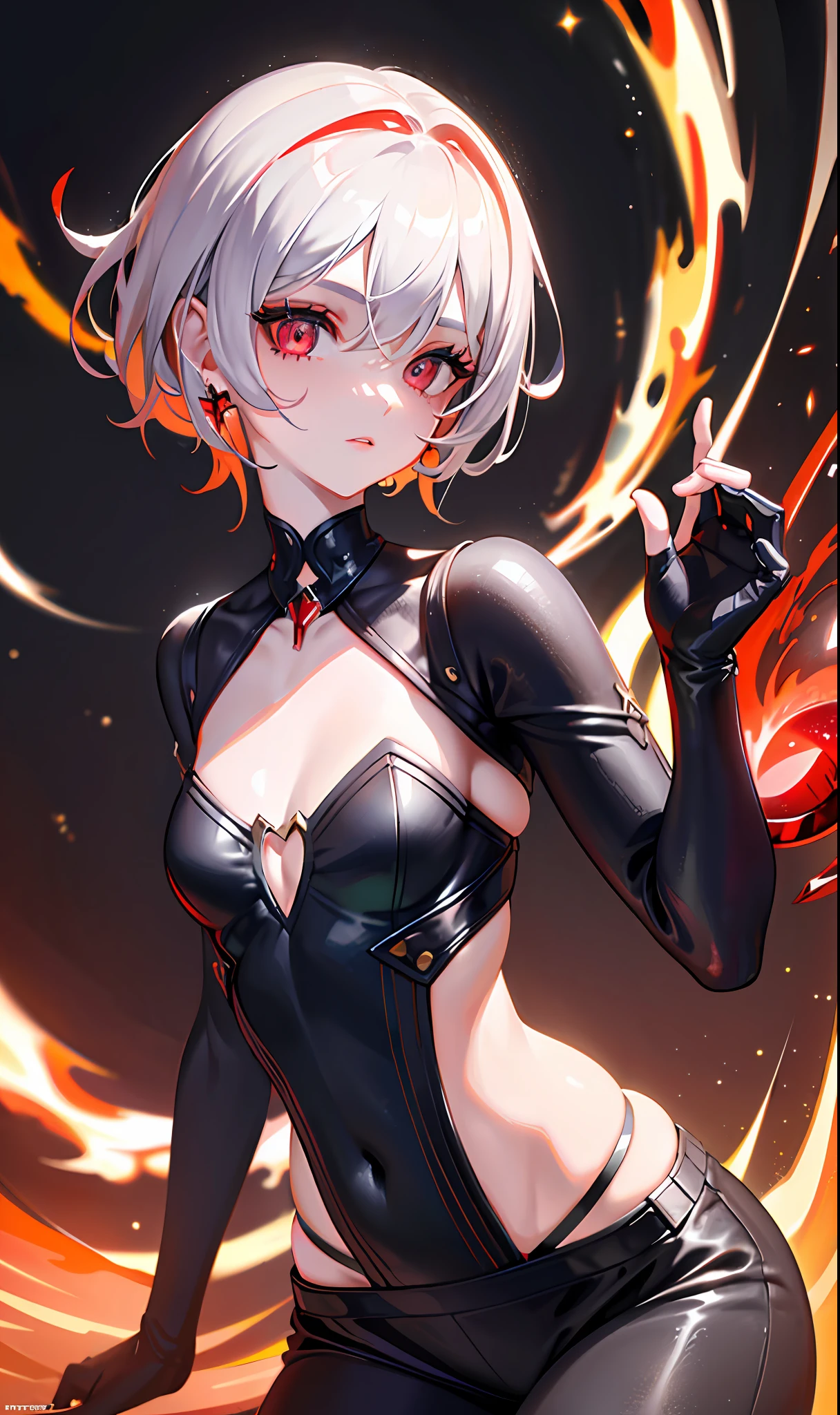 (Masterpiece, Side Light, Fine Beautiful Eyes: 1.2), (Masterpiece * Portrait), Portrait, (Bust), Realistic, 3D Face, Sweet Skin, (Solo), (Close-up of Face), (Fire Opal-like Scarlet Eyes), Hanging Corner of the Eye, ((High Detail Skin, Visible Pores)), (Perfect Figure), A Beautiful Girl, Small Breasts, ((Holy College - Disciplinary Department)), (Neck Ring), (Short Glove as Short as Half the Palm)