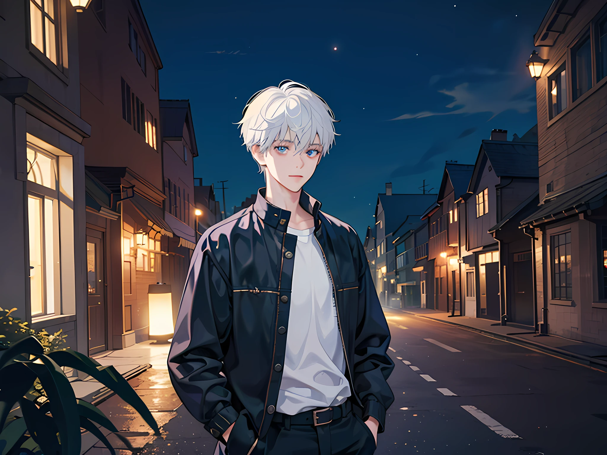 A boy, at night, short white hair, dressed in casual clothes, empty street, dark night, dim lights