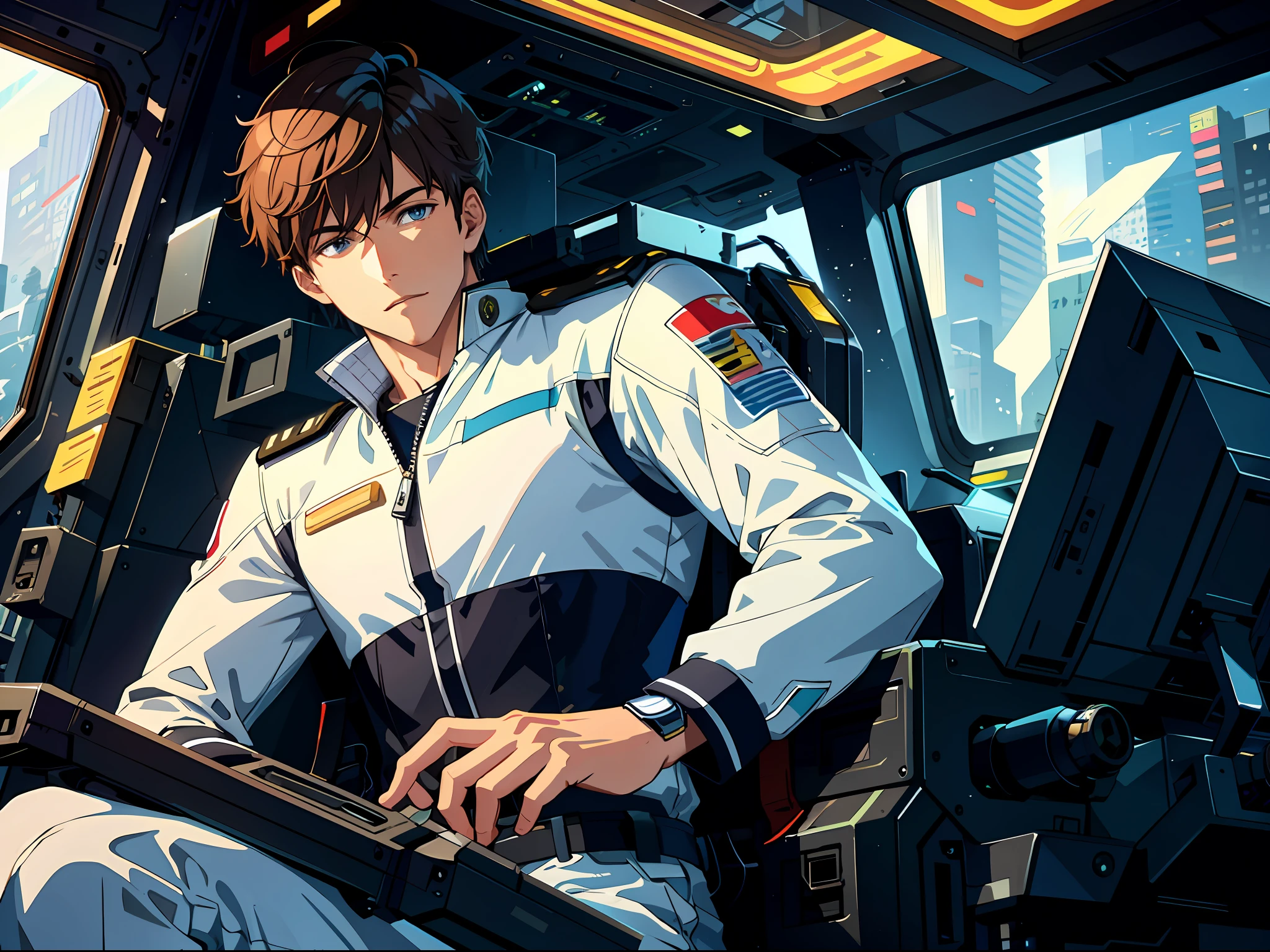 High resolution, highest quality, illustrations, super detail, a handsome young man sitting in the cockpit of a mecha, in front of his eyes is a virtual monitor, wearing a white combat uniform