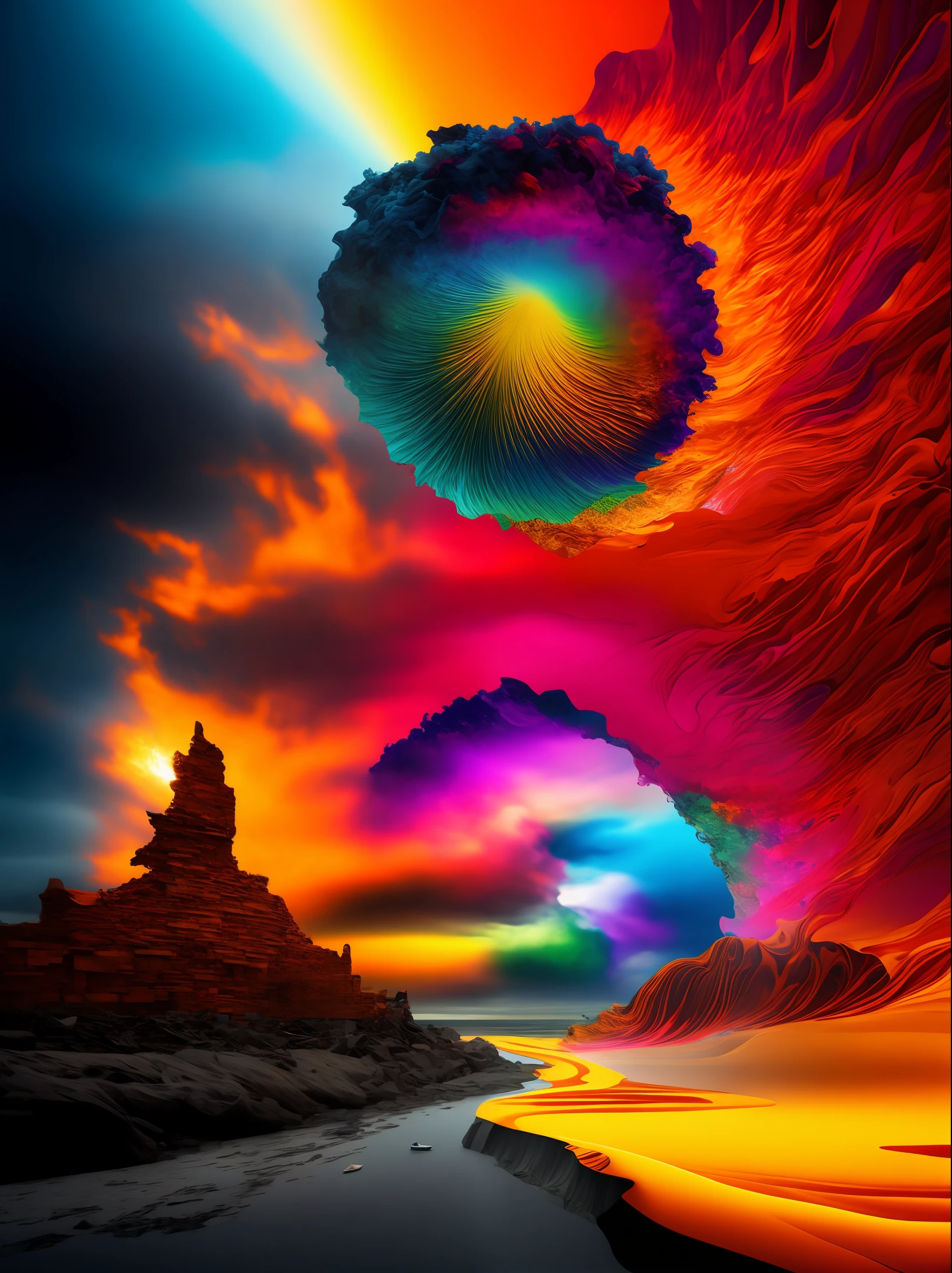 Create an image that depicts the stabilization of chaos, where destructive and peaceful elements coexist in a surreal and immaterial state. The image must convey the feeling of something unbearable, but with the possibility of being eliminated, giving way to an emergent harmony. Explore visual contrasts and use intense colors to represent conflict and transformation. Leave the interpretation open, allowing the observer to reflect on the delicate balance between destruction and peace, and the journey to achieve stability in the midst of chaos.