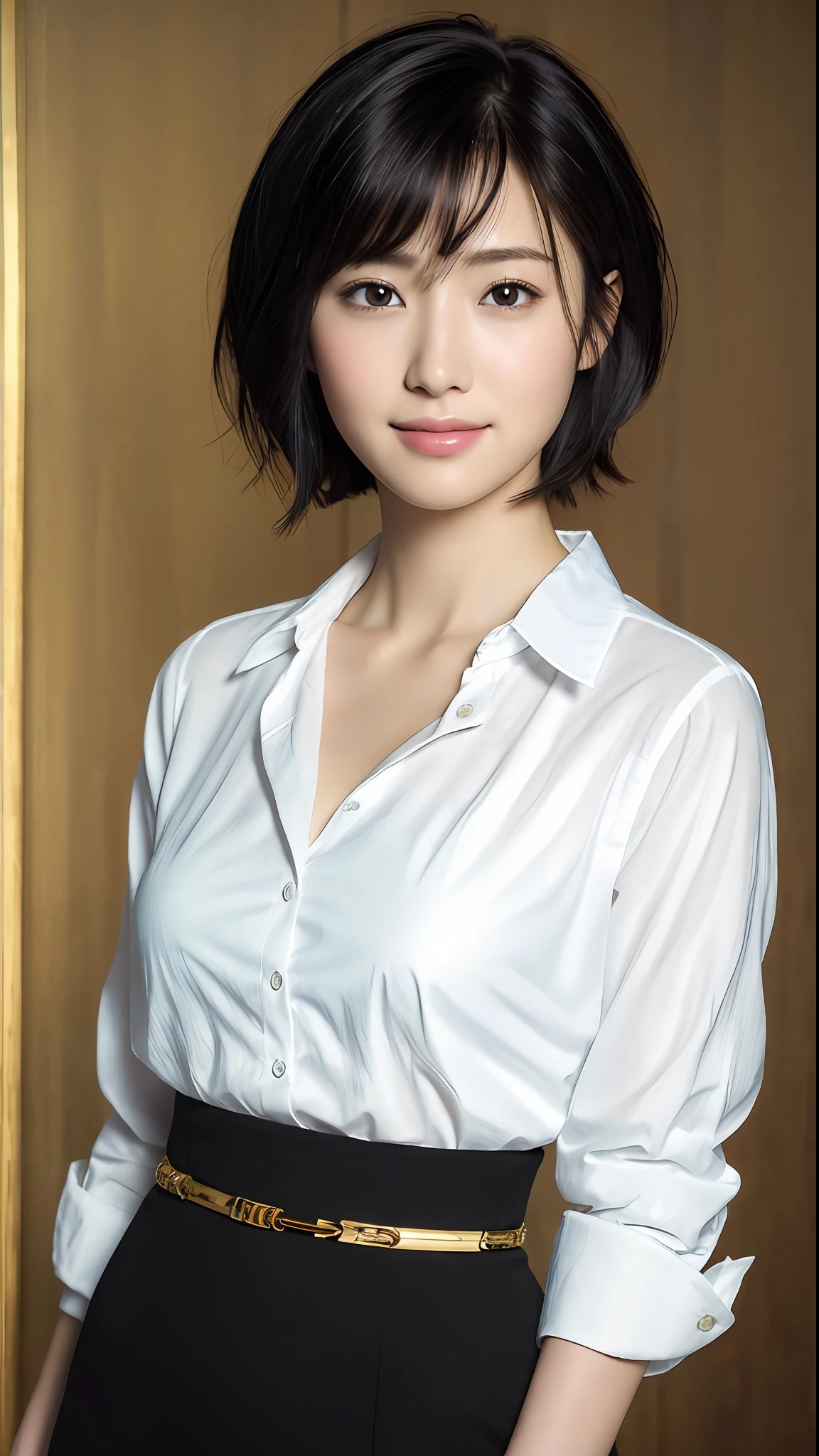 (masterpiece:1.3), (8k, photorealistic, RAW photo, best quality: 1.4), japanese, (1girl), beautiful face, (realistic face), (black hair, short hair:1.3), beautiful hairstyle, realistic eyes, beautiful detailed eyes, (realistic skin), beautiful skin, attractive, ultra high res, ultra realistic, highly detailed, golden ratio, (detaled face:1.2),looking at viewer,smile,open white shirt,medium breasts,standing,hand on hip