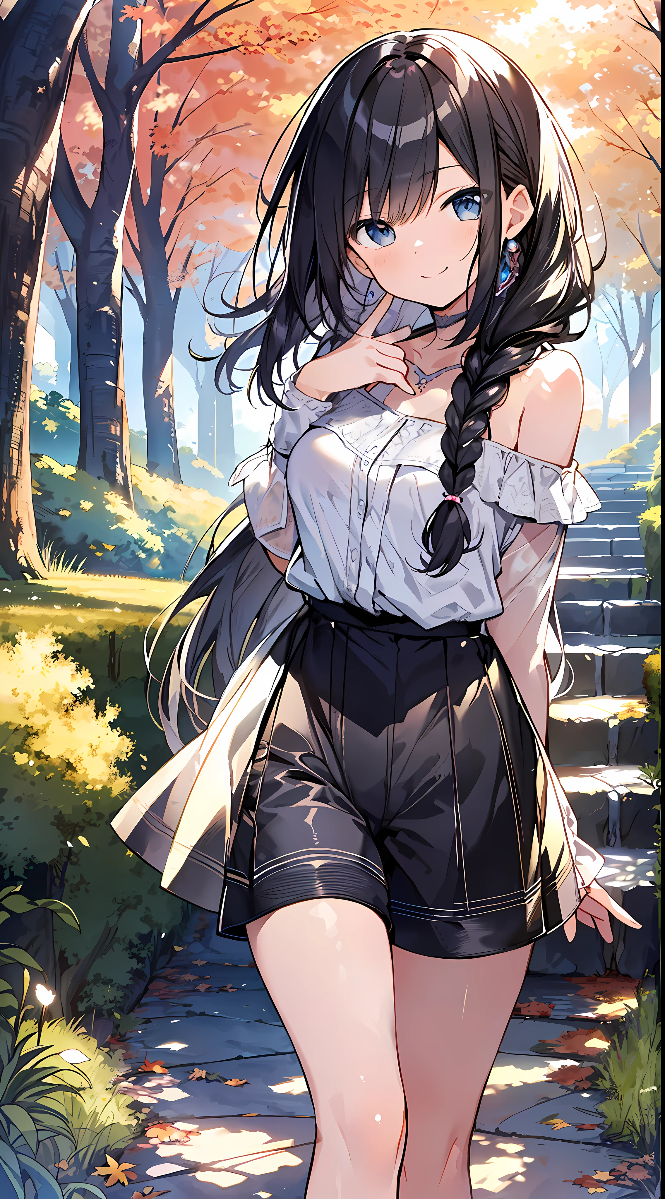 Top quality, masterpiece, ultra high resolution, 8k, (((autumn clothes, shirts, shorts)), shoujo manga style loli, one, soft line drawing, digital enhancement, shojo manga touch, shojo manga core, flowing fabric, close-up, (hair length to shoulders and short braids)), staring at us from the front, soft drawing, beautiful black hair, clear eyes, teasing smile, Ultra-detailed digital anime art, clear face depiction, ultra-detailed shoujo manga character art, ultra-detailed manga style, top quality colors, hand gestures, angle to see up to the feet, landscape with nature