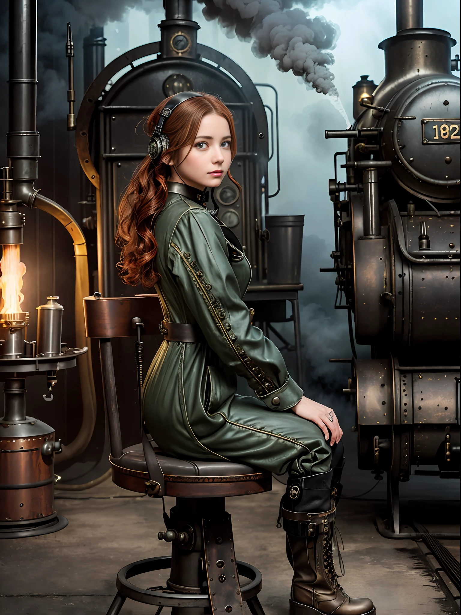 photorealistic, perfect anatomy, realistic character, hyper photorealism, very high contrast photograph, street photography, cinematic lighting, dramatic lighting, shot from the back, (((a girl on a chair is repairing a steam engine in the steamy smoky workshop))), (a 19 yo girl, (Ana de Armas:0.70), (redhead:1.1)), very cute, (perfect eyes:1.1), photorealistic wavy hair, a girl in a steampunk jumpsuit in light gray color, intercom headset, steampunk choker, long leather boots, perfect detailed face, detailed symmetric green eyes with circular iris, fixing a steam engine in the steampunk garage filled with steam and smoke, cogs and gears, steamy background with lots of steam pipes and steam valves and pressure gauges and gears, intricate background, very highly detailed costume, very highly detailed background, steampunk fantasy style, steampunk , steampunk aesthetic, steamy, smoky