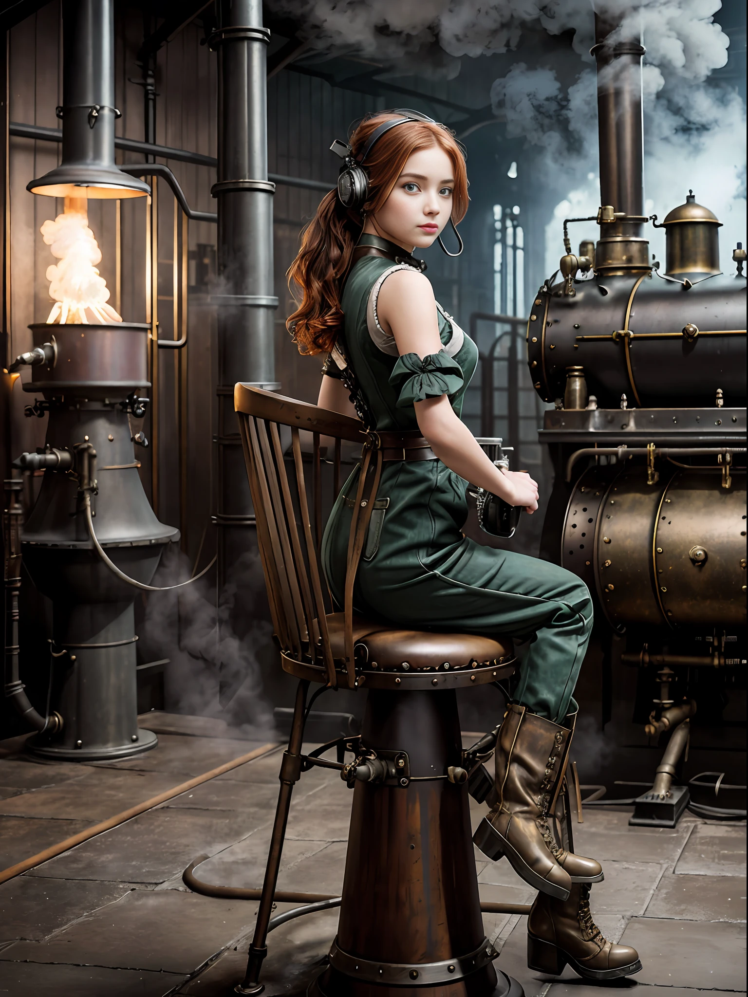 photorealistic, perfect anatomy, realistic character, hyper photorealism, very high contrast photograph, street photography, cinematic lighting, dramatic lighting, shot from the back, (((a girl on a chair is repairing a steam engine in the steamy smoky workshop))), (a 19 yo girl, (Ana de Armas:0.70), (redhead:1.1)), very cute, (perfect eyes:1.1), photorealistic wavy hair, a girl in a steampunk jumpsuit in light gray color, intercom headset, steampunk choker, long leather boots, perfect detailed face, detailed symmetric green eyes with circular iris, fixing a steam engine in the steampunk garage filled with steam and smoke, cogs and gears, steamy background with lots of steam pipes and steam valves and pressure gauges and gears, intricate background, very highly detailed costume, very highly detailed background, steampunk fantasy style, steampunk , steampunk aesthetic, steamy, smoky