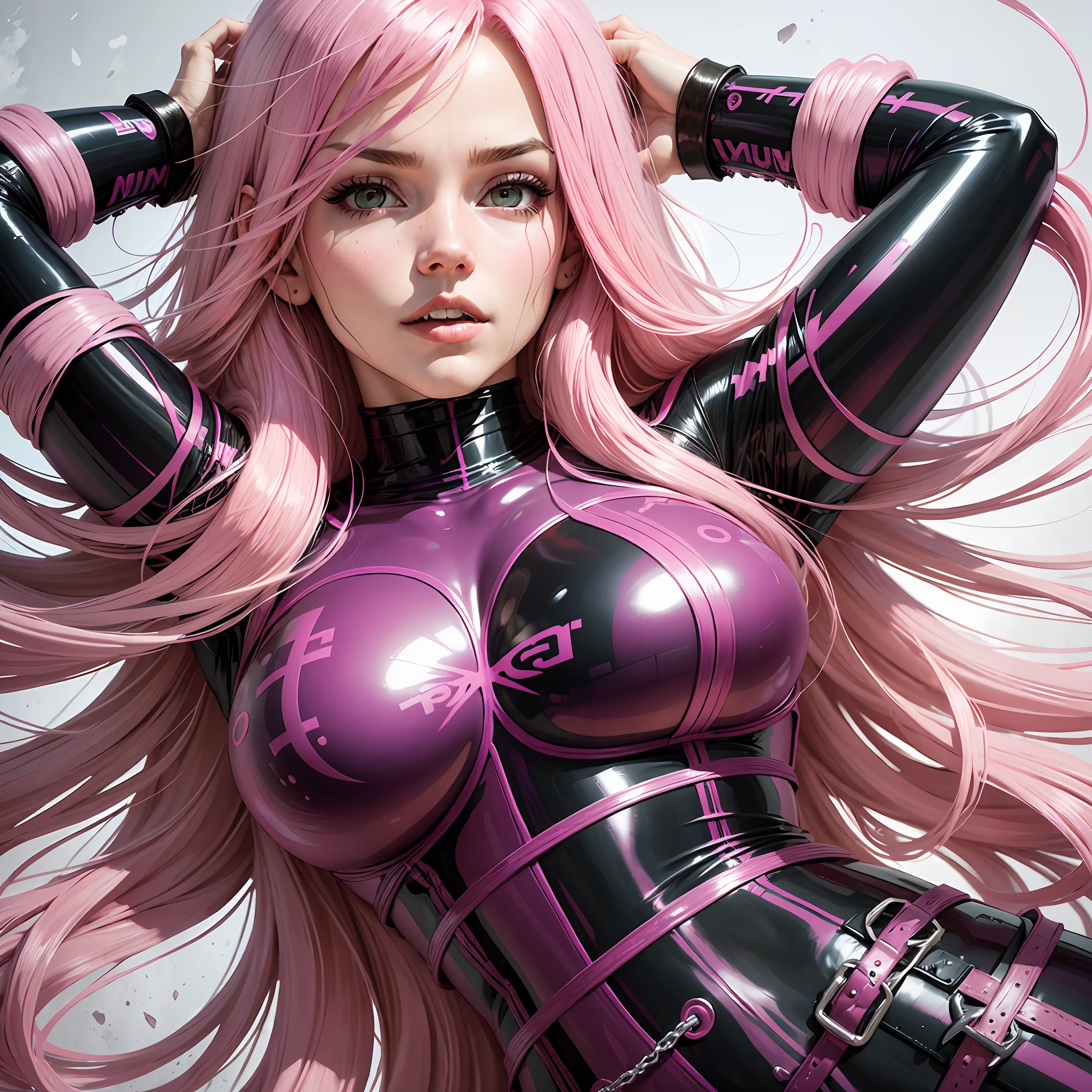 woman flowing pink hair, imprisoned, gagged, chains, black latex clothes, dark style, chained woman