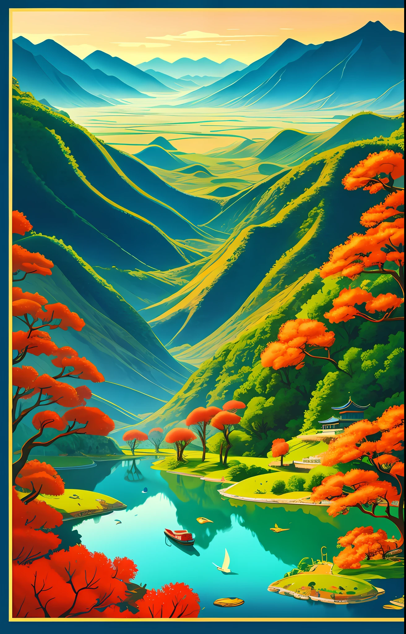 A picturesque, illustrative poster in the style of a 2D illustration of a Chinese landscape.