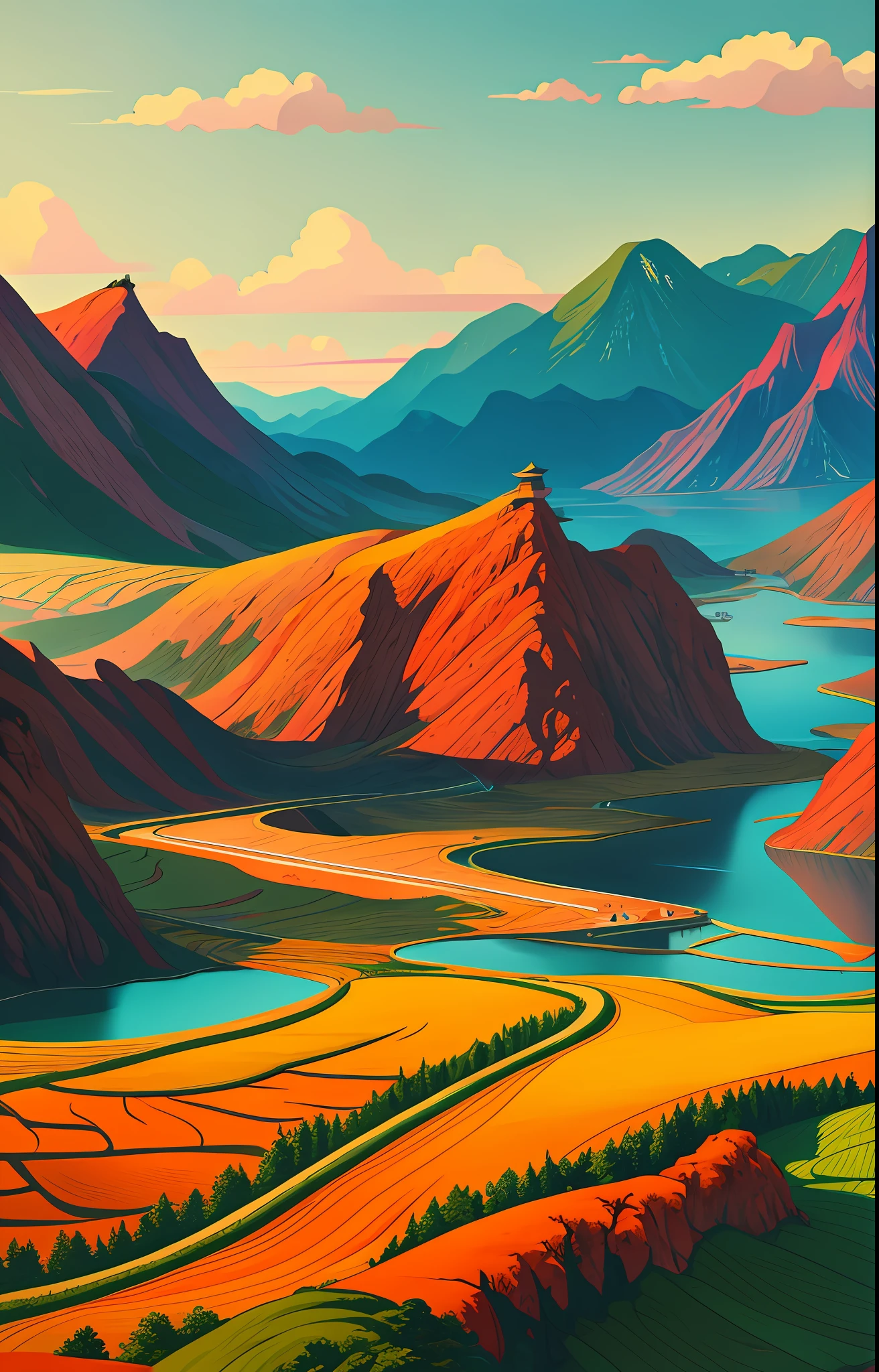 A picturesque, illustrative poster in the style of a 2D illustration of a Chinese landscape.