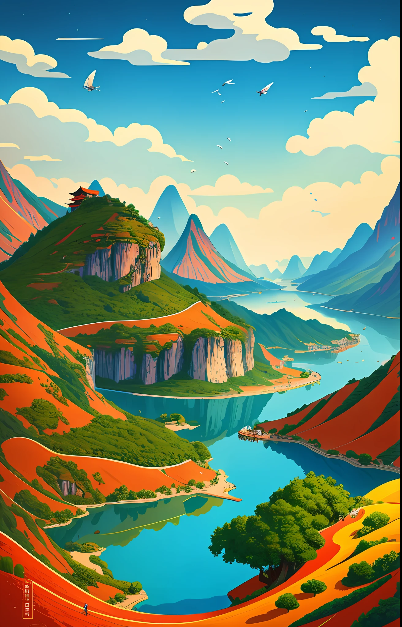 A picturesque, illustrative poster in the style of a 2D illustration of a Chinese landscape.