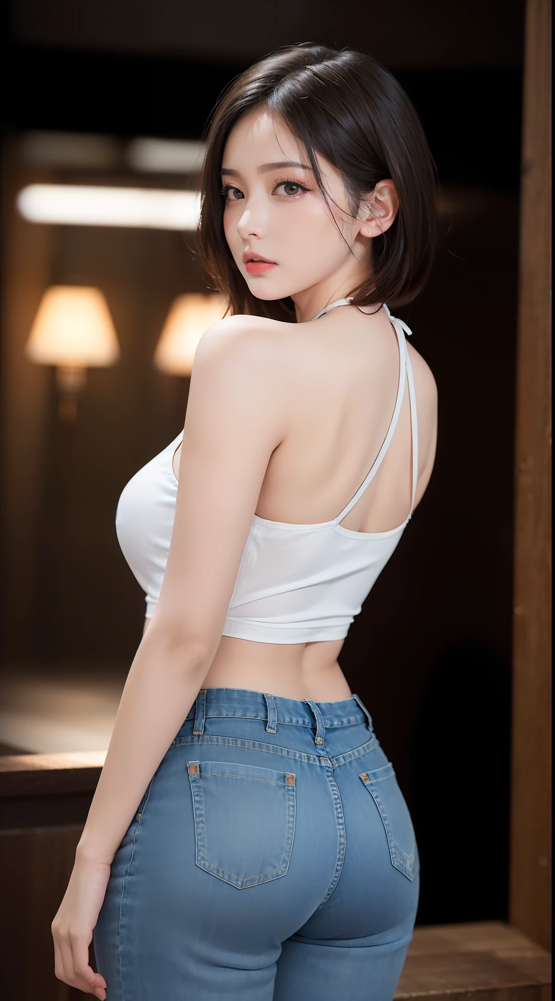 ((Photorealistic, RAW photo, Best quality, Masterpiece :1.3)), From back, A tall and pretty women, ulzzang-6500-v1.1, 20 years old, wistful look, attractive gaze, short hair, very detailed eyes and face, beautiful detailed eyes, pale skin, (white halter tank tops and jean pants), night city environment, shot on a Canon EOS R5, 50mm lens, F/2.8, HDR, DSLR, (volumetric lighting) (dramatic lighting) (sharp focus) (intricate), posing for camera