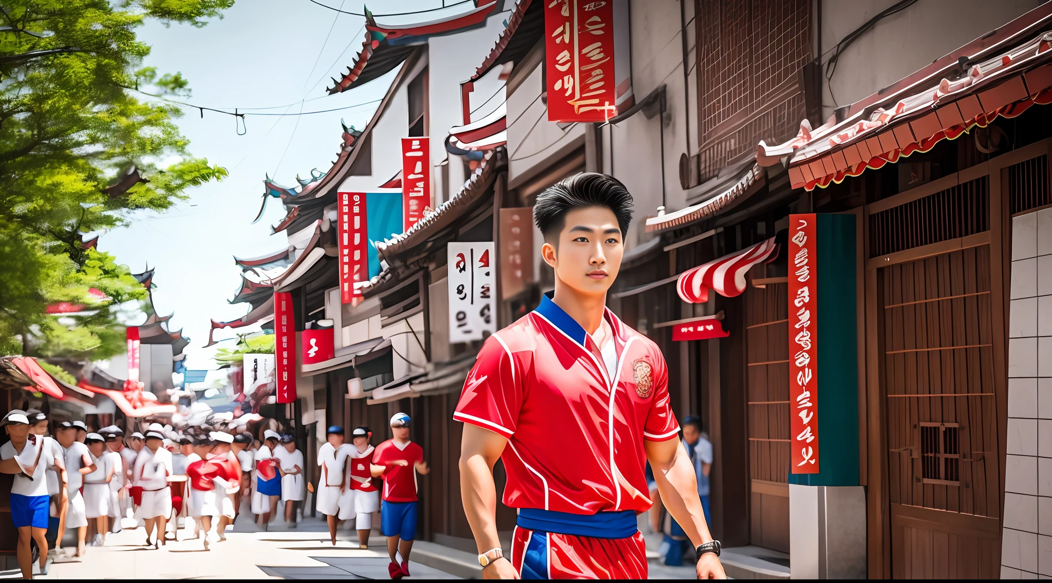 Muscular Man, Korean Boy, Beautiful Face, Group Portrait Painting, Modern, Romantic, Red Tone, Inspired by Yoshijun Mori, ABe, Sooka Tahara, Yoshitoshi Tsukioka, Abduzedor Miyamoto, Ryuko-sai, using 3D technology, HD lossless. Description: During a sunny Dragon Boat Festival in Seoul, a boy named Hwang Herd strolls the bustling streets. Dressed in light summer clothes, he walked briskly and curiously explored the corners of the city. Glow, textured skin --auto --s2