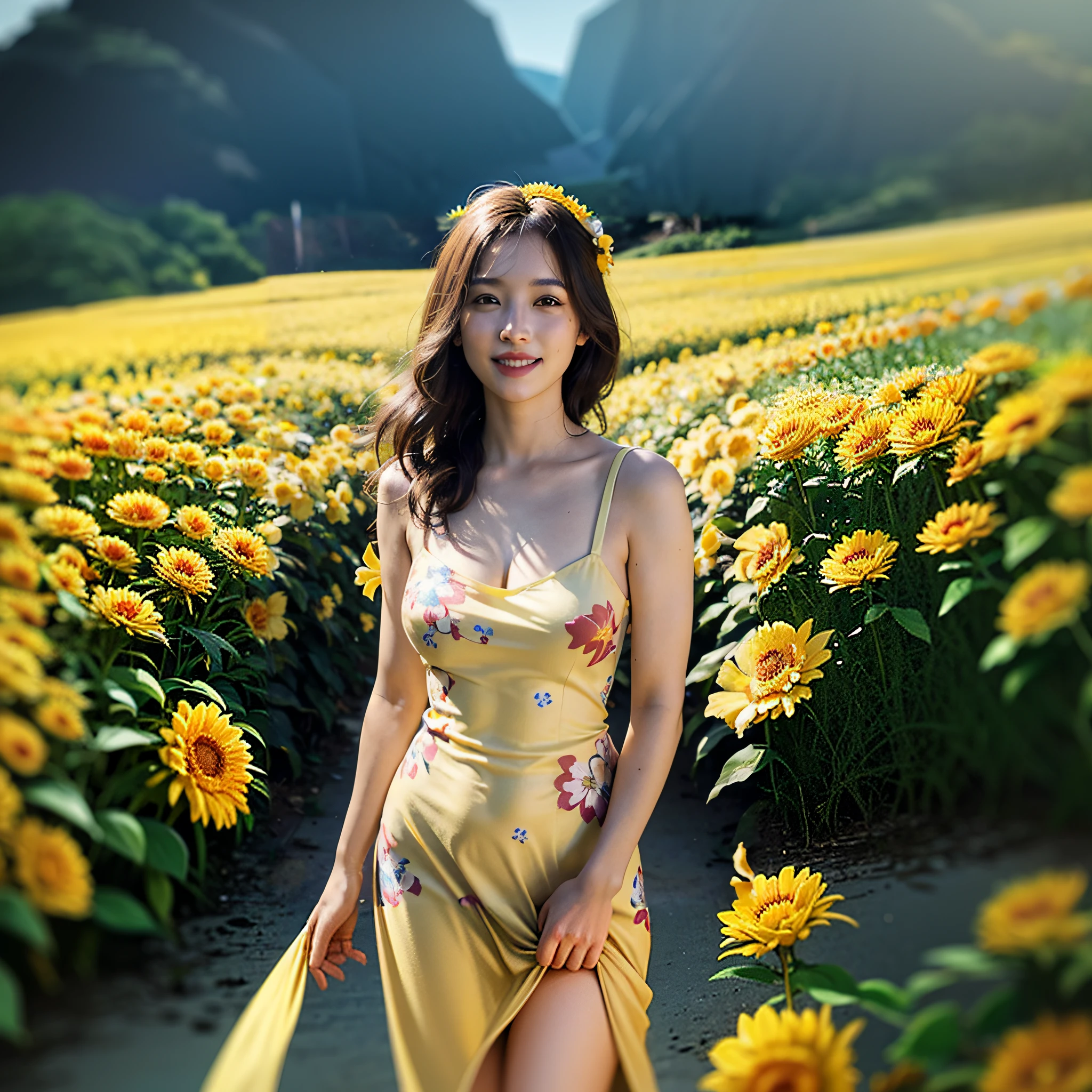 araffe woman in a yellow dress standing in a field of flowers, beautiful south korean woman, gorgeous young korean woman, beautiful young korean woman, standing in flower field, beautiful asian girl, gorgeous lady, heonhwa choe, standing in a flower field, beautiful yellow woman, korean woman, korean girl, jaeyeon nam, japanese model