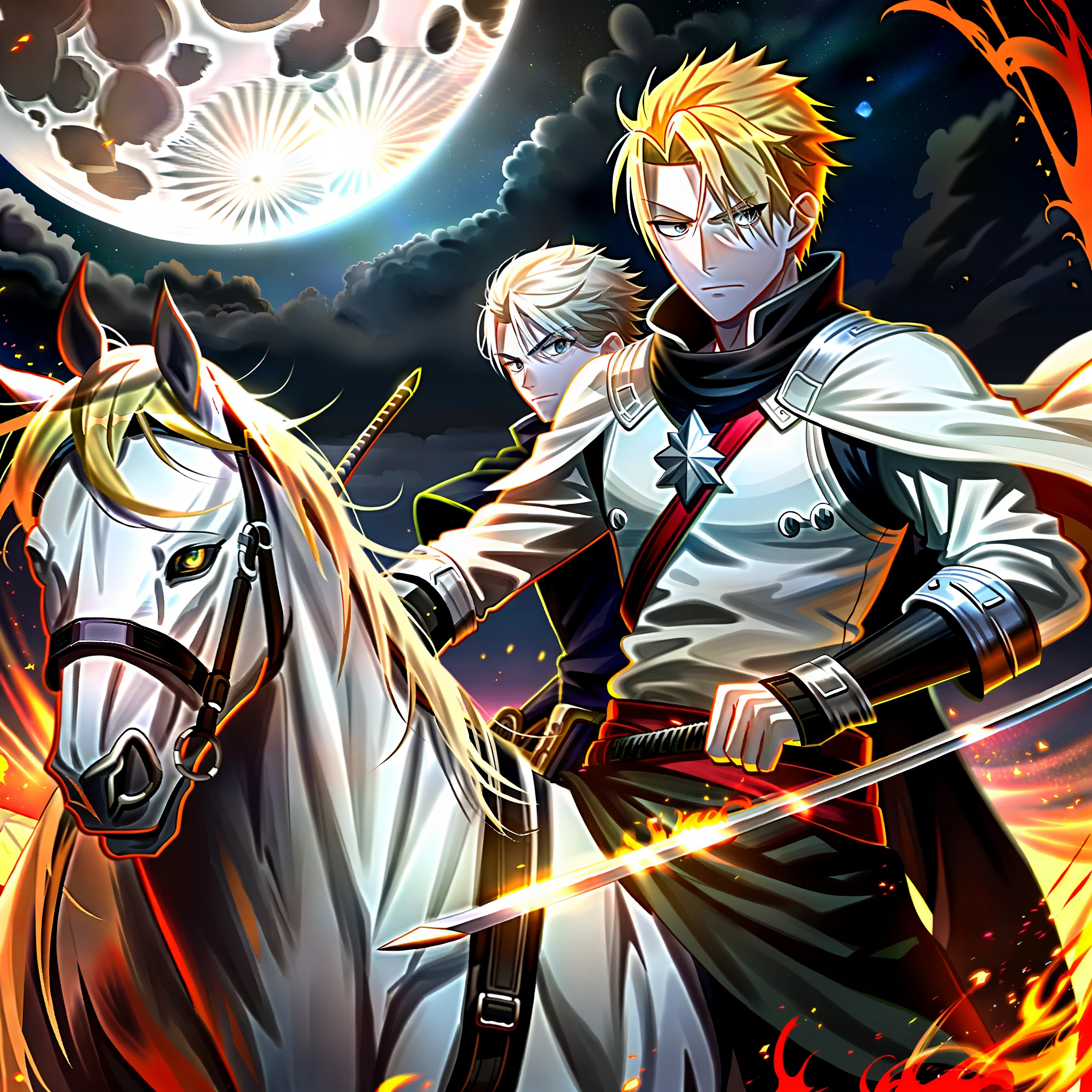 Swordsman,white,with fire blonde hair,with a black sword,with fire eyes,at night,full moon,hd,best picture,wallpaper,anime photography,drawing,hd,on top of a fire horse