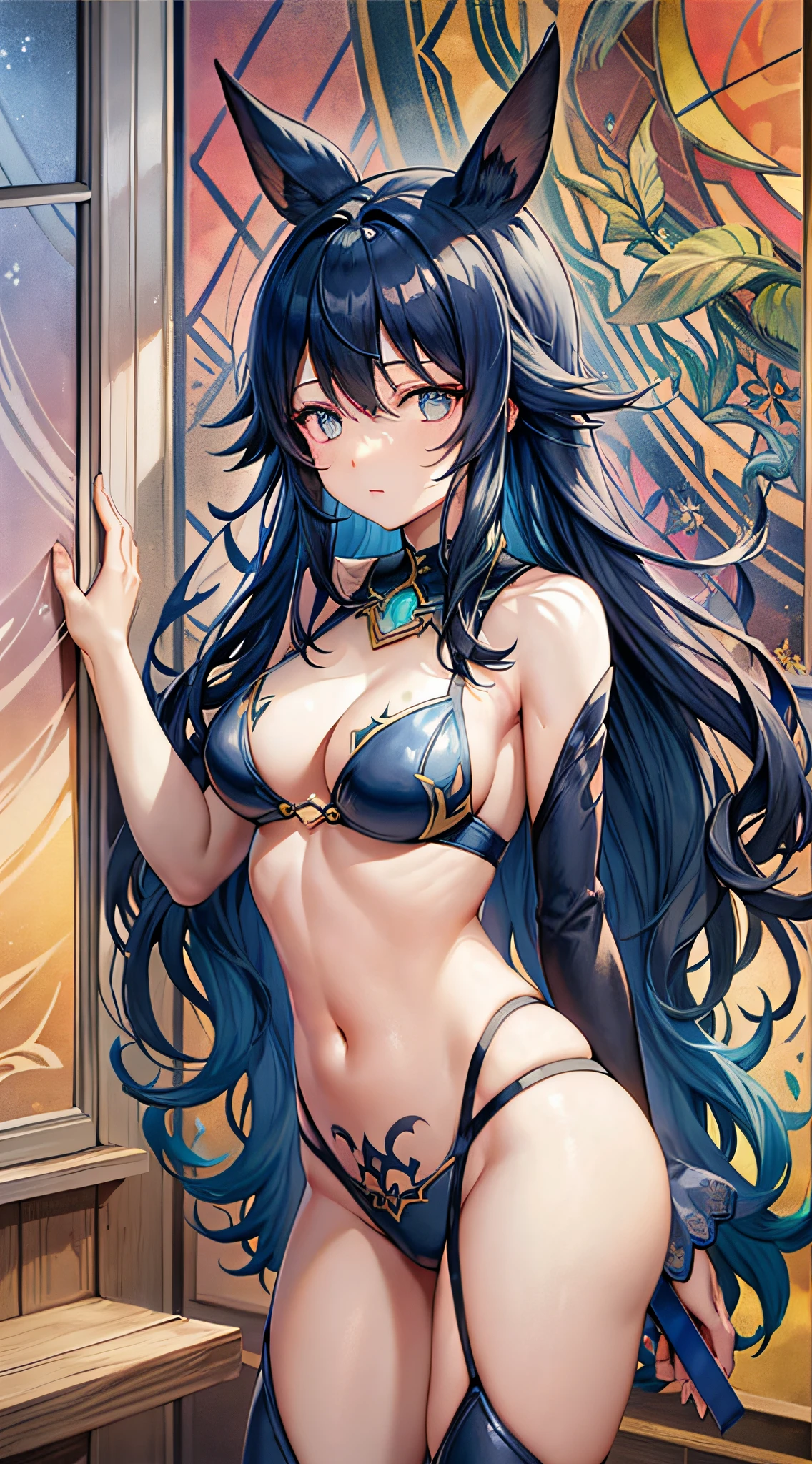 Tideplay, Luxray, Split Color Hair, Stained Glass Rhinoceros, Decorative, Intricate Details, Dufkova, 2D, Line Art, Watercolor, Ink Watercolor, Random Color Hair, Super Long Hair, Wavy, 1girl, Bikini, High Leg