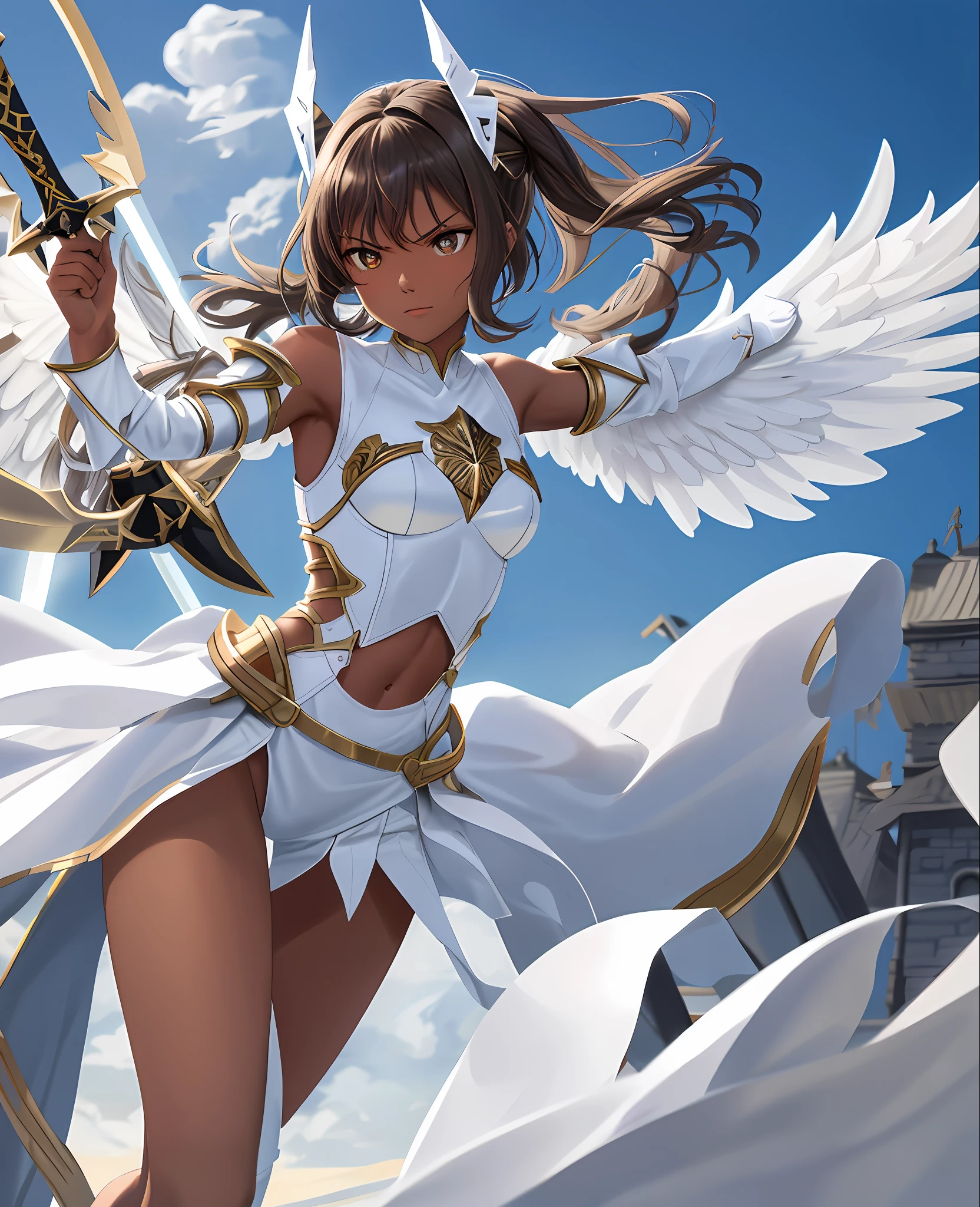 fantasy, 1angel_garl, , low_, Brown_haired, , medium_bob_haired,,longer_bangs, (dark_skin)+, bare_shoulder, navel, thigh,silver_shiny_armor, white_clothes,waist_armor, glebe, hold_ shiny_swords, (ABS)0.7,medium_s chest, angry, dynamic_posing_fighting,floating, (1pair_white_Wings,pelvic_curtains,)++, headgear ,city_sky_back ground,,slightly_spread_legs, multiple_ shiny_swords_floating_around_the_garl、