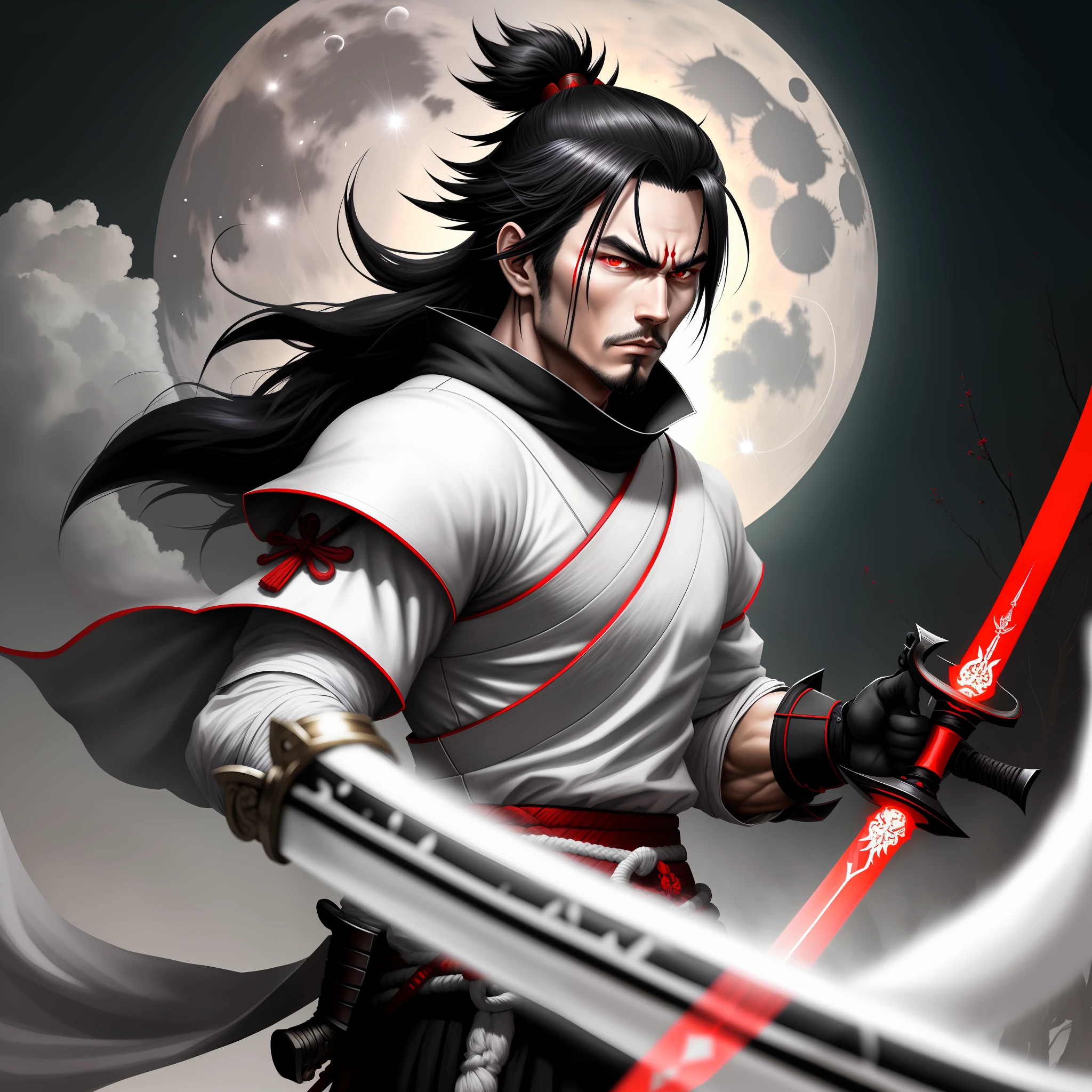 male samurai,white,with black hair,with a red sword,with white eyes,at night,full moon,hd,best picture,wallpaper,anime photography,drawing, hd