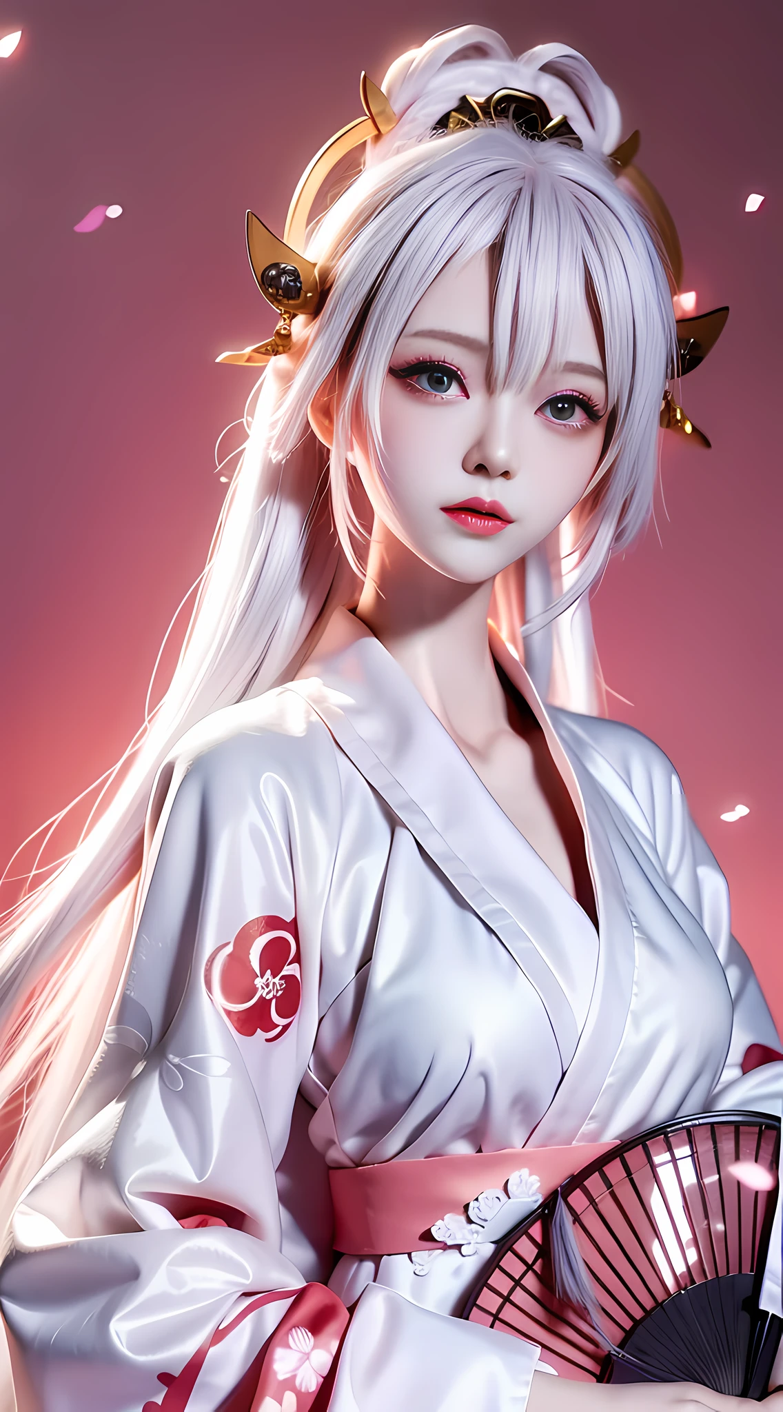 Japanese girl holding fan, kimono, cyberpunk, white hair, hot spring, atmospheric light, zodiac girl's, punk, holding a fan,