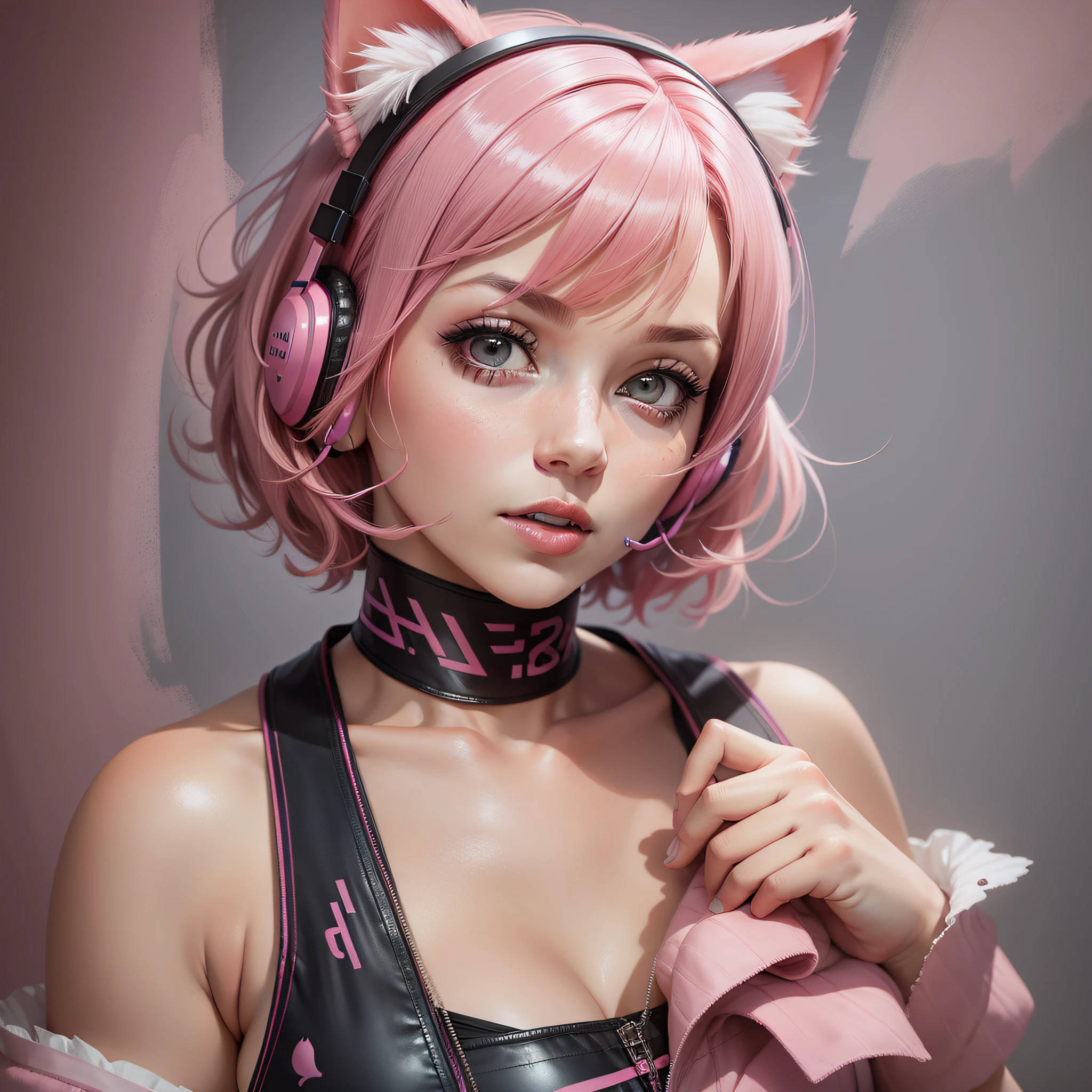 A woman, with short pink hair, wears a pink paitê dress, wears a cat ear headset, is at a party, realistic drawing style, face focus