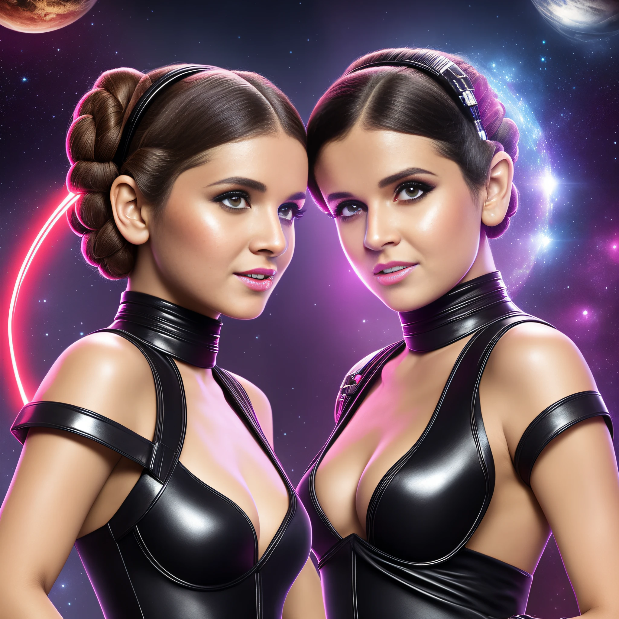 Pro ultra-real Photo cosplay Princess Leia face mouth teeth open short hairstyle symmetrical muscular body realistic suave seductive pose dramatic Bridaldress gothic lava black spinel ruby silk satin felt leather thick high fashion revealing underwear diamond short hair shaved Indigo Tourmaline Ultra High Image Quality Texture 16K DSLR UHD HDR Retina "star wars" "Unreal Engine 5"