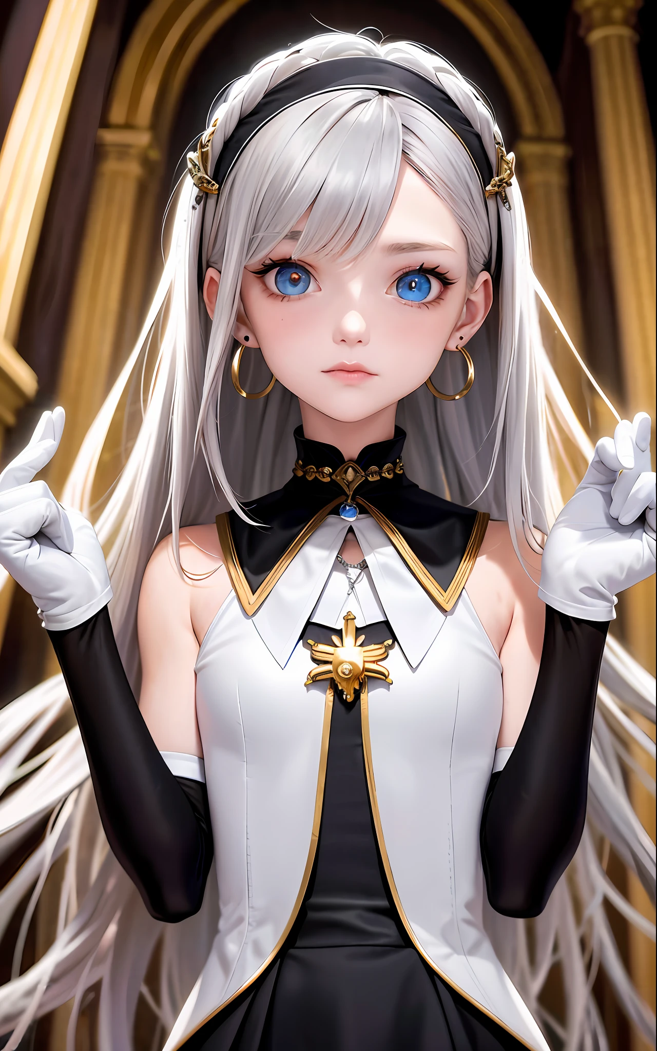 Best, Masterpiece, High Resolution, Best Quality, Ultra HD, Super Detail, Award-Standing, 16k, (Upper Body), Beautiful Maiden, Gray Hair, Hair Strands, ((Heterochromia)), Hanging Eye Corners, Fair Skin, (Small), (Slim Body), ((Holy College - Disciplinary Department)), Stud Earrings, (Neck Rings), (Short gloves as short as half the palm of the hand)