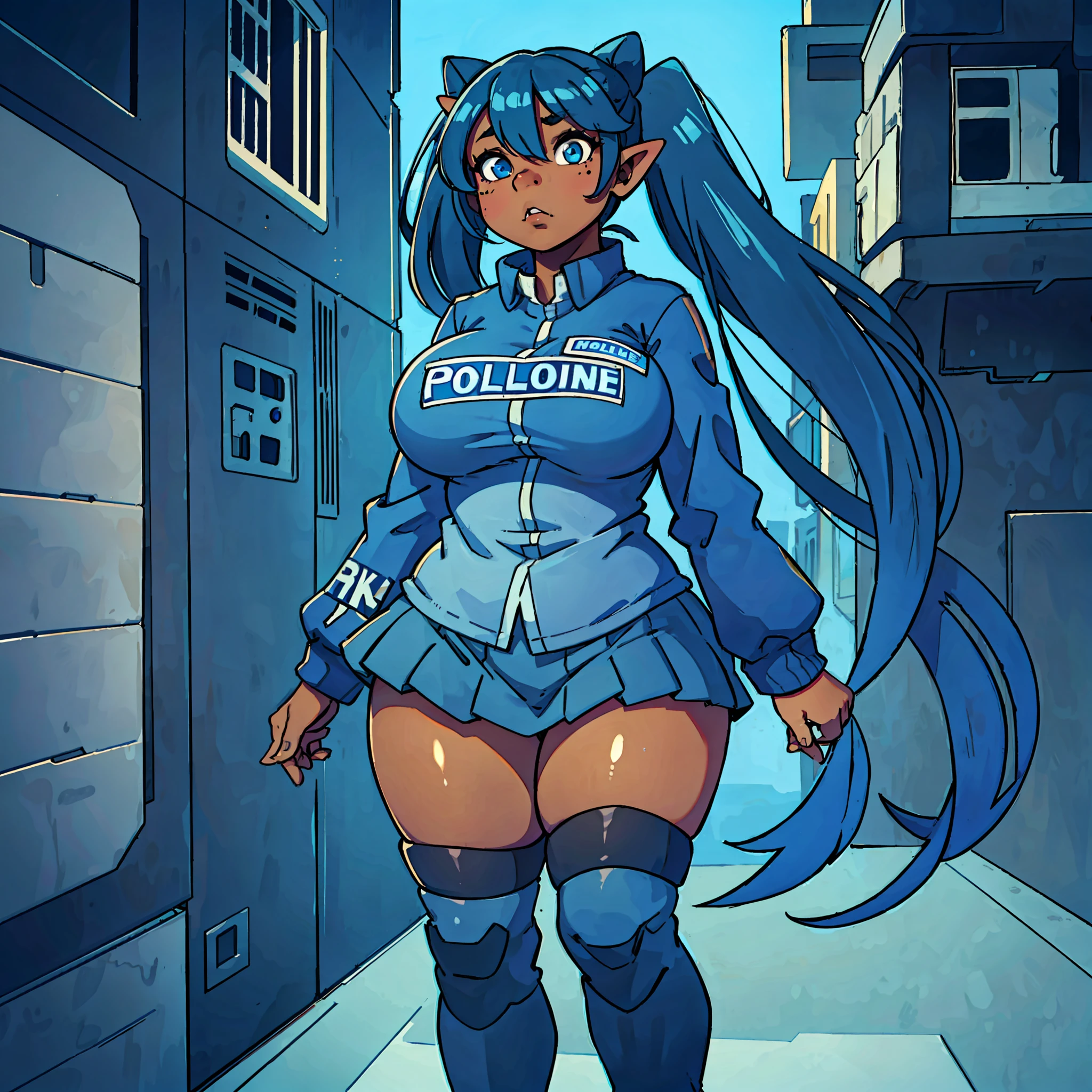 goblin girl, blue hair, very long hair, dark_ skin, dark skin goblin, very dark skin girl natural huge breasts, hair between eyes, twintails, chubby, chubby girl, chubby girl goblin, mole, mole on chest, age up, lips, big lips, thick eyebrows, body with fur, tusk, short girl, short goblin girl twintails, short girl, highly detailed, high quality, best quality, 8k, full body, fat, police, policewoman, police uniform, skirt, big boots