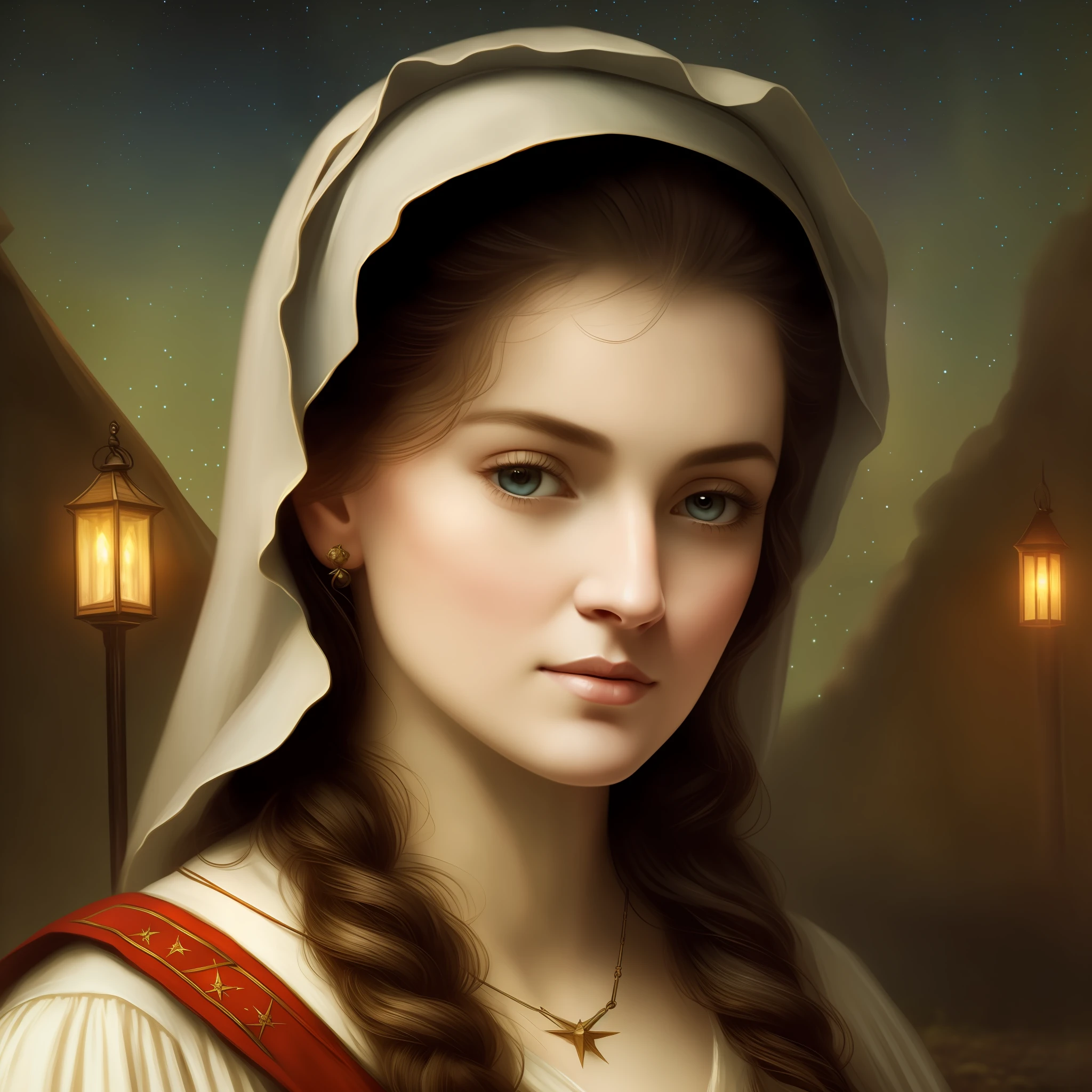 portrait, best quality, photo-realistic, medieval nurse, western woman, delicate face, black hair, pale skin, a tent in the background, night scene, starry sky, Rembrandt style, Karl Kopinsky, Frank Frazetta.