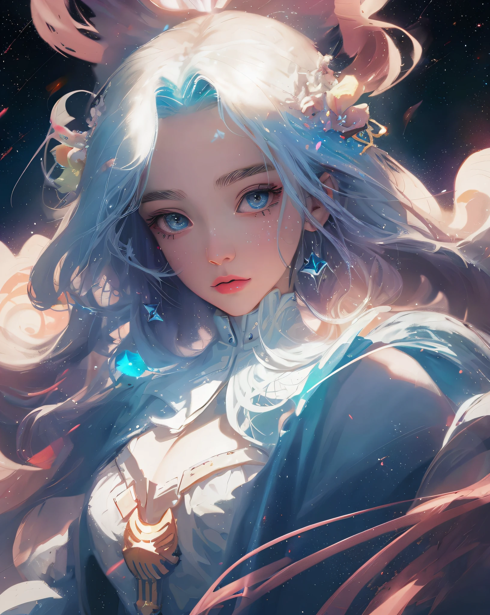 anime girl with blue hair and a white dress with a star in her hair, portrait knights of zodiac girl, detailed digital anime art, rossdraws portrait, anime fantasy illustration, fantasy art style, fanart best artstation, beautiful anime portrait, artgerm. anime illustration, ross tran 8 k, anime art wallpaper 8 k, anime art wallpaper 4 k