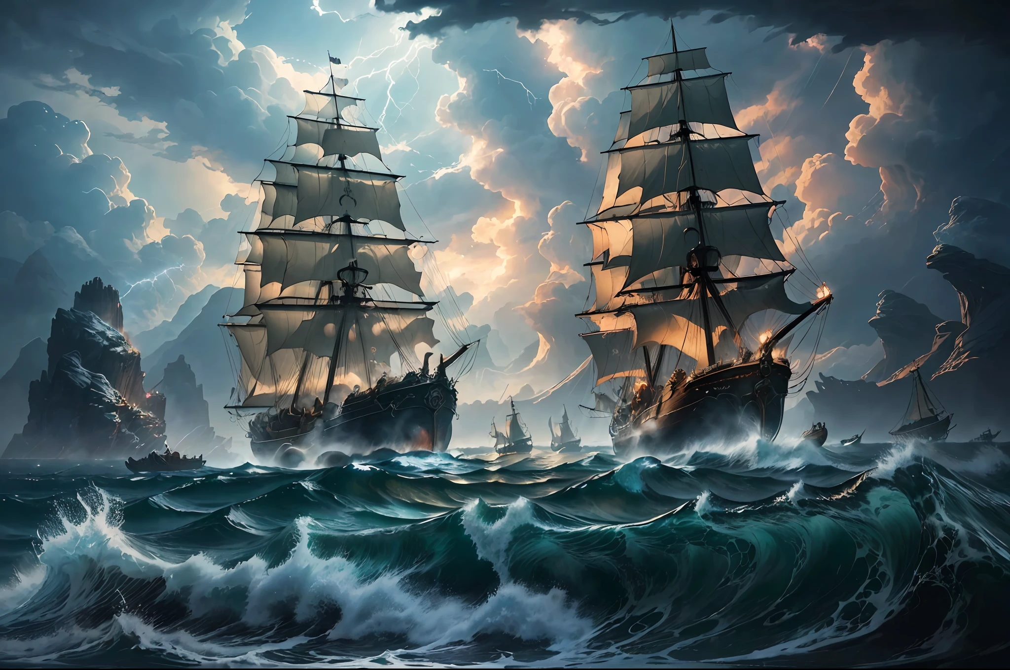 (An epic masterpiece of best quality and ultra-detailed CG artwork),(floating, majestic and powerful),(a ghostly pirate ship sailing in the stormy skies),(ominous dark clouds, lightning and thunder), (fierce winds and waves tossing the ship),(flying Dutchman with tattered sails and ghostly crew),(a blazing trail of green flames),(dynamic camera angle, dramatic lighting and shadows), (Volumetric light illuminating the scene, with swirling mists and fog)