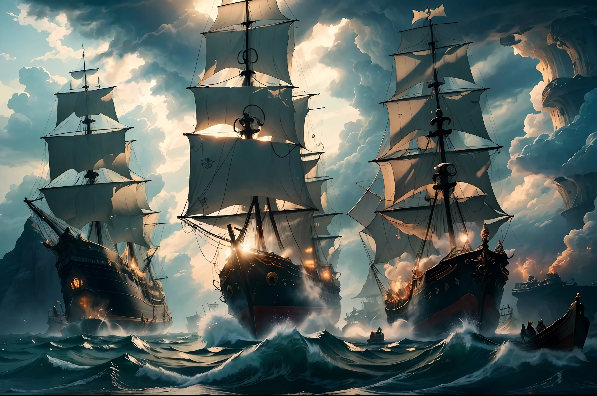(An epic masterpiece of best quality and ultra-detailed CG artwork),(floating, majestic and powerful),(a ghostly pirate ship sailing in the stormy skies),(ominous dark clouds, lightning and thunder), (fierce winds and waves tossing the ship),(flying Dutchman with tattered sails and ghostly crew),(a blazing trail of green flames),(dynamic camera angle, dramatic lighting and shadows), (Volumetric light illuminating the scene, with swirling mists and fog)
