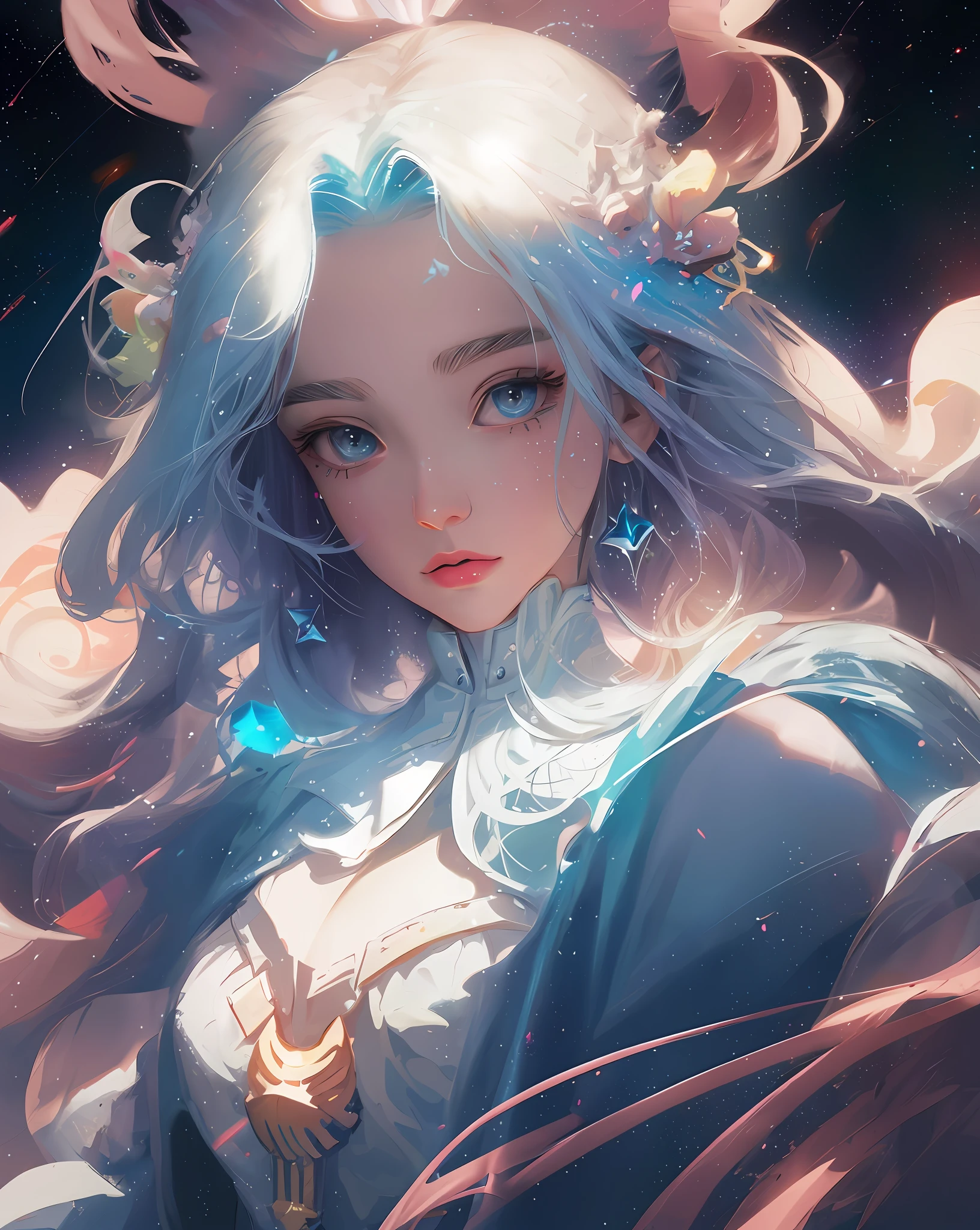 anime girl with blue hair and a white dress with a star in her hair, portrait knights of zodiac girl, detailed digital anime art, rossdraws portrait, anime fantasy illustration, fantasy art style, fanart best artstation, beautiful anime portrait, artgerm. anime illustration, ross tran 8 k, anime art wallpaper 8 k, anime art wallpaper 4 k