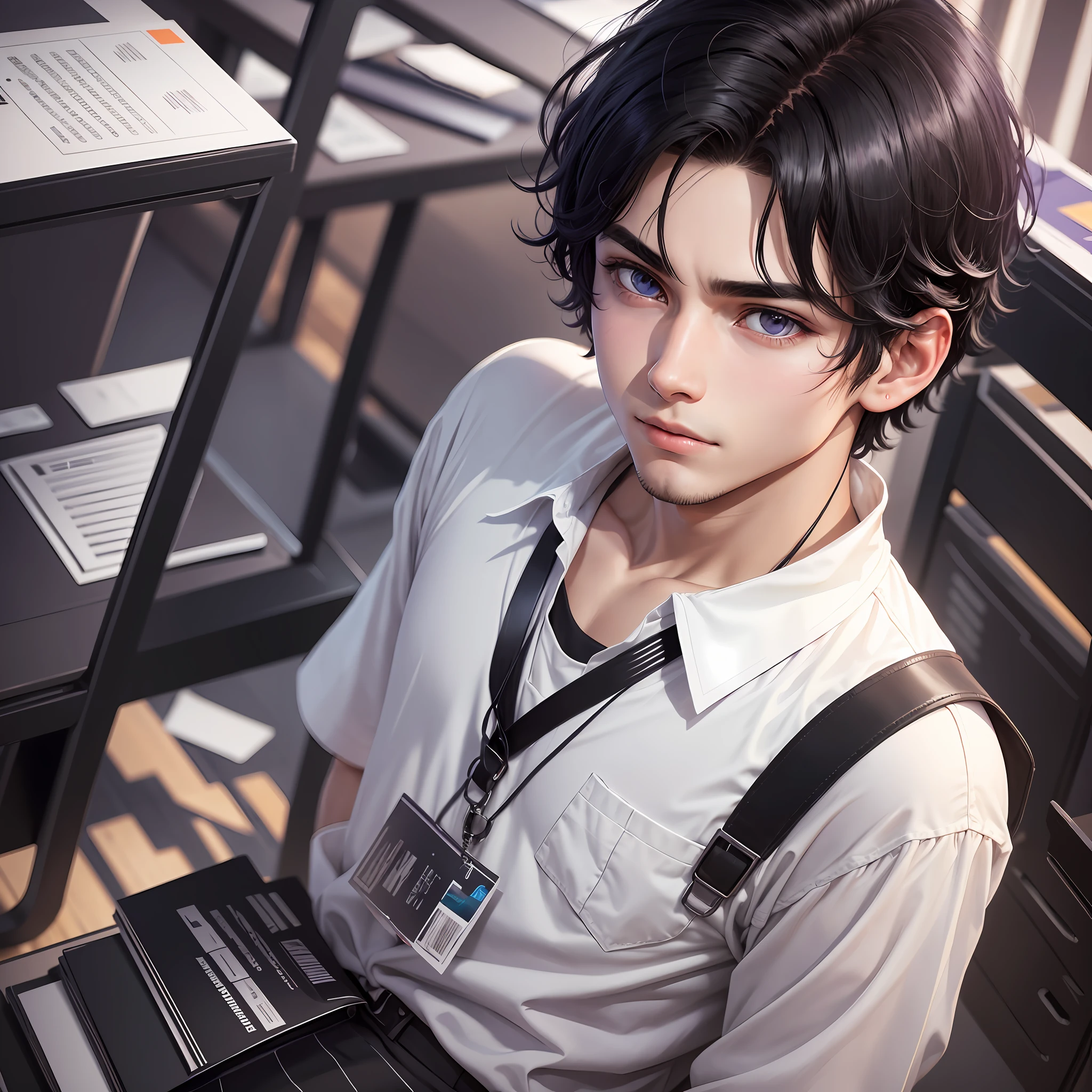 The boy, black hair, white shirts, Classroom, desk, urple eyes, 16k, highres, best quality, award winning, high details, high quality, textured skin, super detail, UHD, retina, ccurate, masterpiece --auto --s2