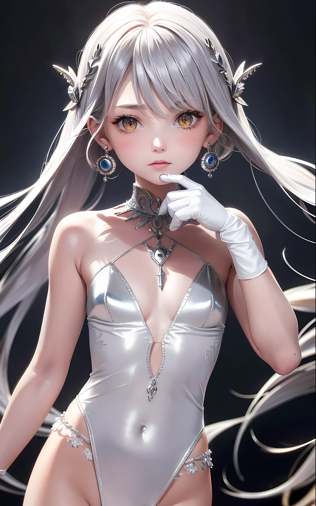 Best, Masterpiece, High Resolution, Best Quality, Ultra HD, Super Detail, Award-Standing, 16k, (Upper Body), Beautiful Maiden, Gray Hair, Hair Strands, ((Heterochromia)), Hanging Eye Corners, Fair Skin, (Small), (Slim Body), ((Holy College - Disciplinary Department)), Stud Earrings, (Neck Rings), (Short gloves as short as half the palm of the hand)