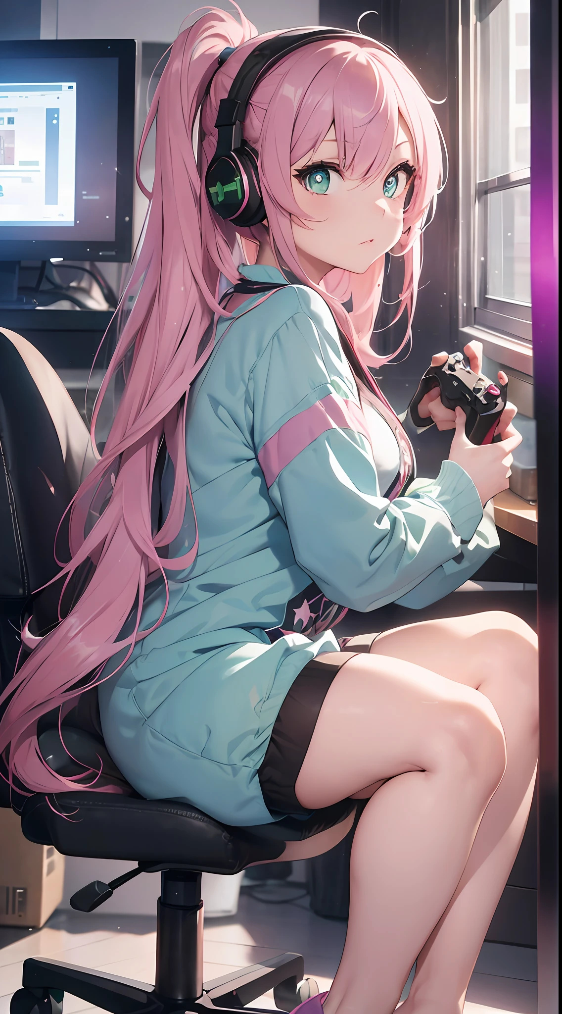 (Masterpiece))) Full body, seen from the side (one girl) (pink hair, long hair, straight hair, both sides up) (green eyes), beautiful face, eyeshadow, eyeliner, glowing eyes, hyper detail eyes, complex eyes, beautiful eyes, detailed eyes, ((star-shaped pupils, shining pink pupils)) 18 year old girls. Mokomoko pajamas, headphones, play games, hold a smartphone, (have a game controller), PC monitor, sit on a chair, raise one leg