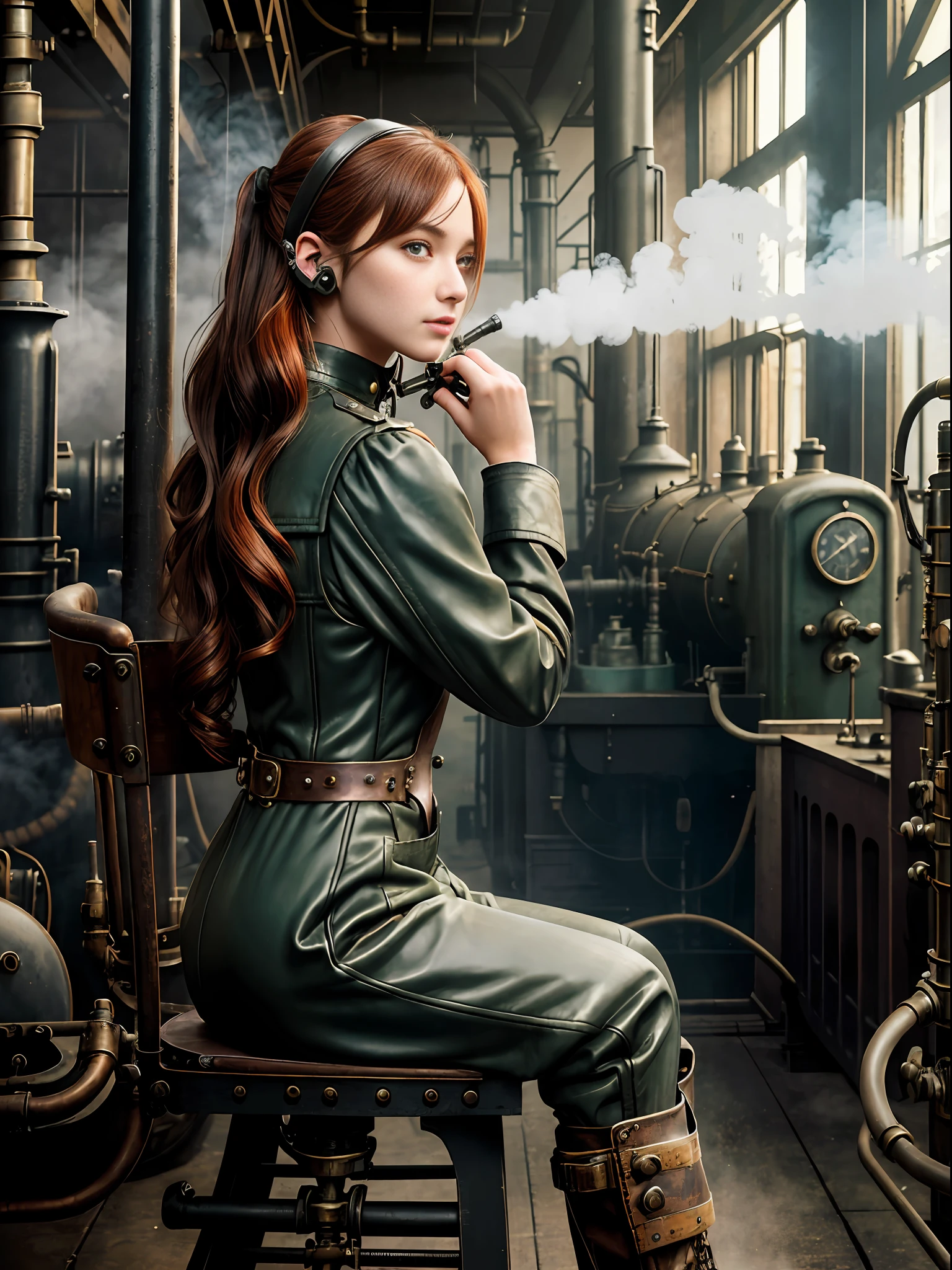 photorealistic, perfect anatomy, realistic character, hyper photorealism, very high contrast photograph, street photography, cinematic lighting, dramatic lighting, shot from the back, (((a girl on a chair is repairing a steam engine in the steamy smoky workshop))), (a 19 yo girl, (Ana de Armas:0.70), (redhead:1.1)), very cute, (perfect eyes:1.1), photorealistic wavy hair, a girl in a steampunk jumpsuit in light gray color, intercom headset, steampunk choker, long leather boots, perfect detailed face, detailed symmetric green eyes with circular iris, fixing a steam engine in the steampunk garage filled with steam and smoke, cogs and gears, steamy background with lots of steam pipes and steam valves and pressure gauges and gears, intricate background, very highly detailed costume, very highly detailed background, steampunk fantasy style, steampunk , steampunk aesthetic, steamy, smoky