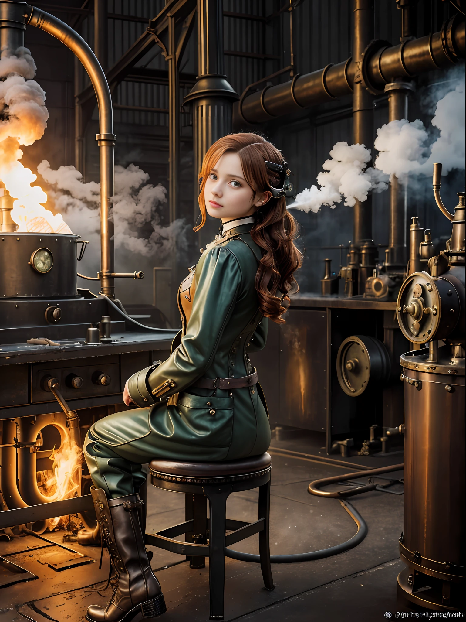 photorealistic, perfect anatomy, realistic character, hyper photorealism, very high contrast photograph, street photography, cinematic lighting, dramatic lighting, shot from the back, (((a girl on a chair is repairing a steam engine in the steamy smoky workshop))), (a 19 yo girl, (Ana de Armas:0.70), (redhead:1.1)), very cute, (perfect eyes:1.1), photorealistic wavy hair, a girl in a steampunk jumpsuit in light gray color, intercom headset, steampunk choker, long leather boots, perfect detailed face, detailed symmetric green eyes with circular iris, fixing a steam engine in the steampunk garage filled with steam and smoke, cogs and gears, steamy background with lots of steam pipes and steam valves and pressure gauges and gears, intricate background, very highly detailed costume, very highly detailed background, steampunk fantasy style, steampunk , steampunk aesthetic, steamy, smoky