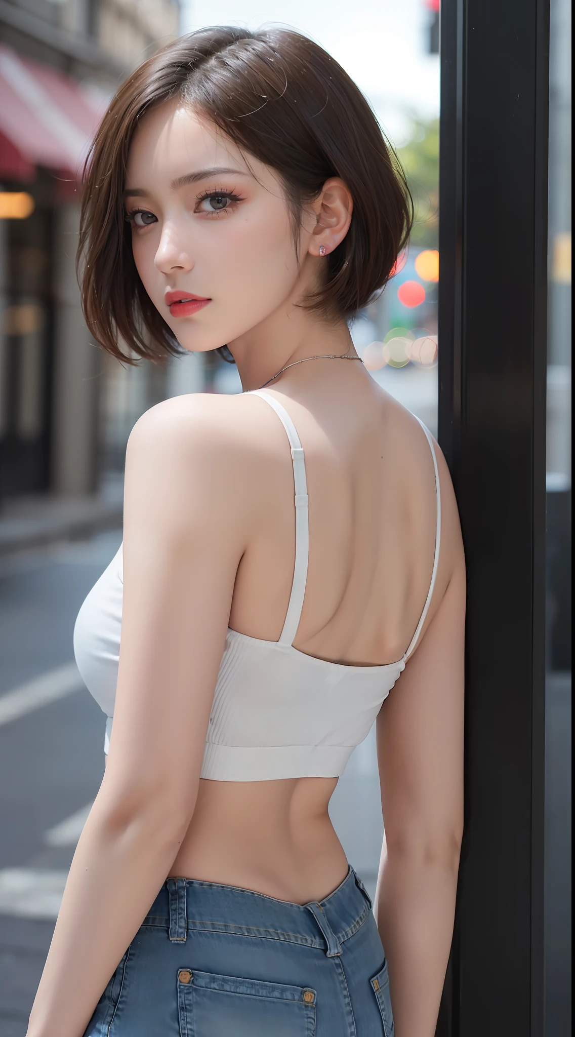 ((Photorealistic, RAW photo, Best quality, Masterpiece :1.3)), From back, Full face portrait photo pretty girl, semi-open strawberry lips, wistful look, attractive gaze, (short hair), ((detailed face)), ((detailed facial features)), pale skin, (white halter tops and jean pants), city environment, (cool colors), reflections, shot on a Canon EOS R5, 50mm lens, F/2.8, HDR, DSLR, (cinematic lighting) (dramatic lighting) (sharp focus) (intricate), posing for camera