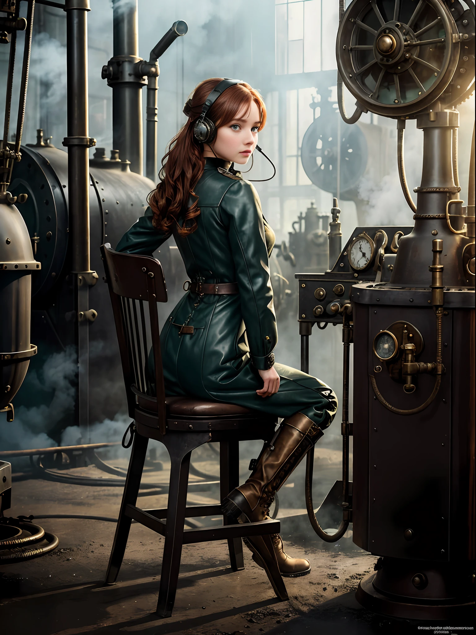 photorealistic, perfect anatomy, realistic character, hyper photorealism, very high contrast photograph, street photography, cinematic lighting, dramatic lighting, shot from the back, (((a girl on a chair is repairing a steam engine in the steamy smoky workshop))), (a 19 yo girl, (Ana de Armas:0.70), (redhead:1.1)), very cute, (perfect eyes:1.1), photorealistic wavy hair, a girl in a steampunk jumpsuit in light gray color, intercom headset, steampunk choker, long leather boots, perfect detailed face, detailed symmetric green eyes with circular iris, fixing a steam engine in the steampunk garage filled with steam and smoke, cogs and gears, steamy background with lots of steam pipes and steam valves and pressure gauges and gears, intricate background, very highly detailed costume, very highly detailed background, steampunk fantasy style, steampunk , steampunk aesthetic, steamy, smoky